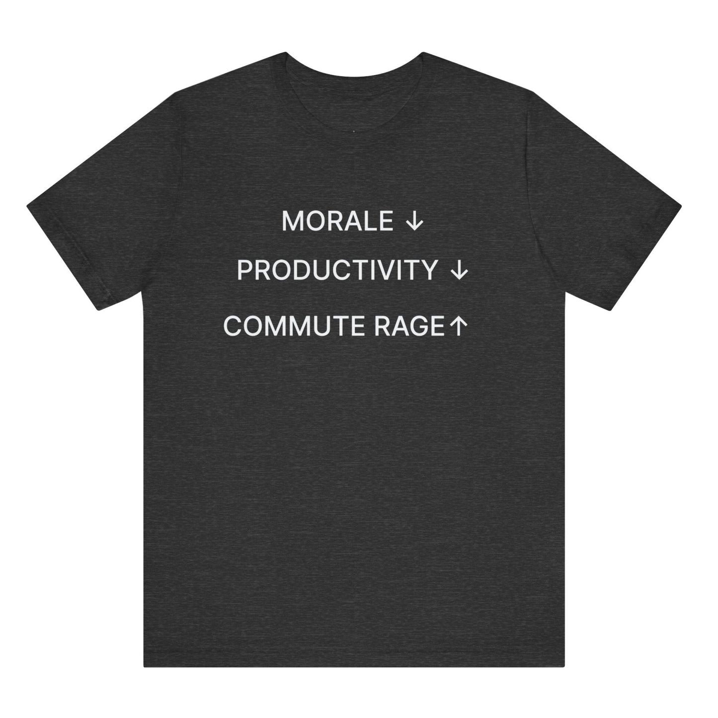 Black t-shirt with white text on a white background