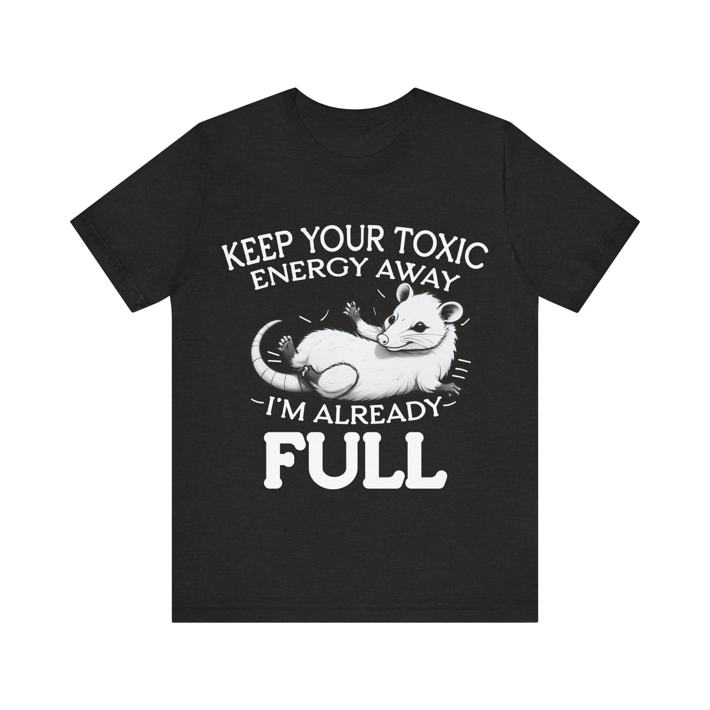 Black t-shirt with a graphic of an opossum and text on a white background
