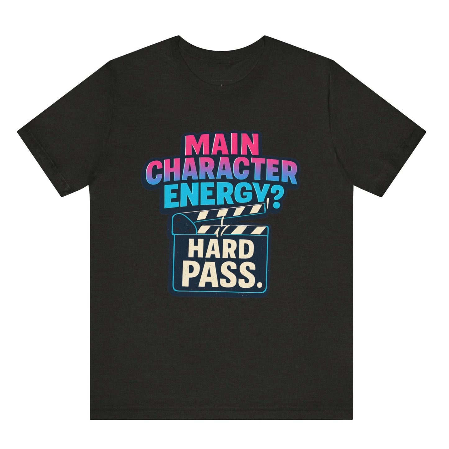 Black t-shirt with colorful text design on a white background