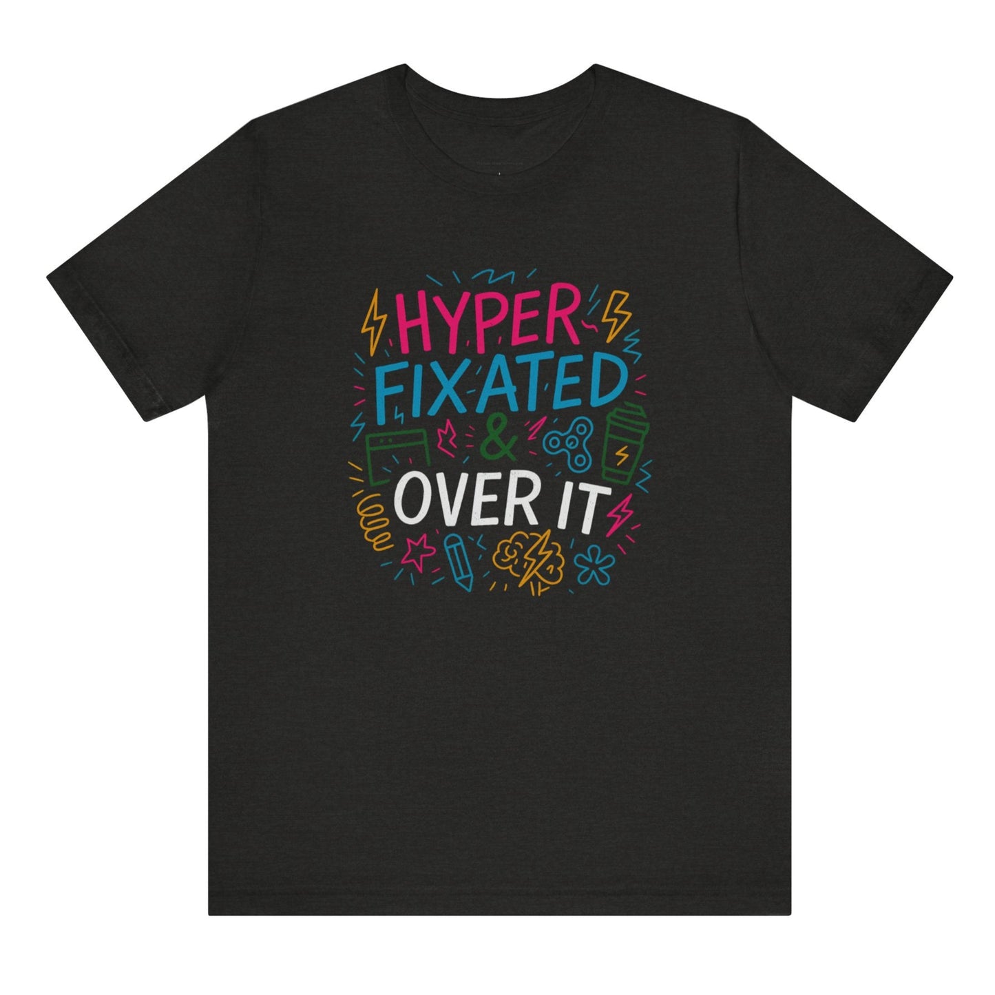 Black t-shirt with colorful text design on a white background