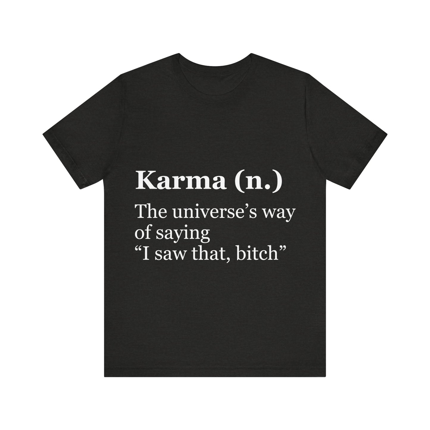 Black t-shirt with white text on a white background