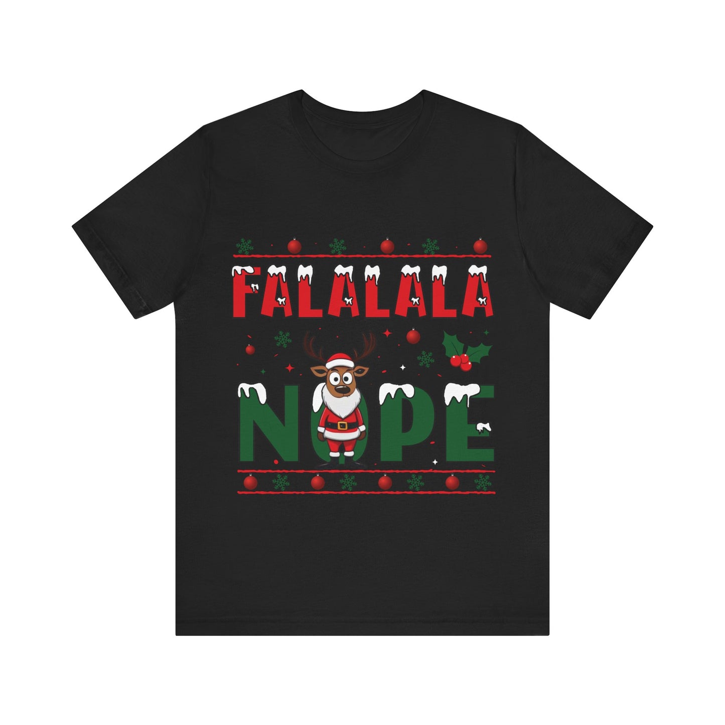 Black t-shirt with Christmas-themed design featuring a reindeer and text on a white background