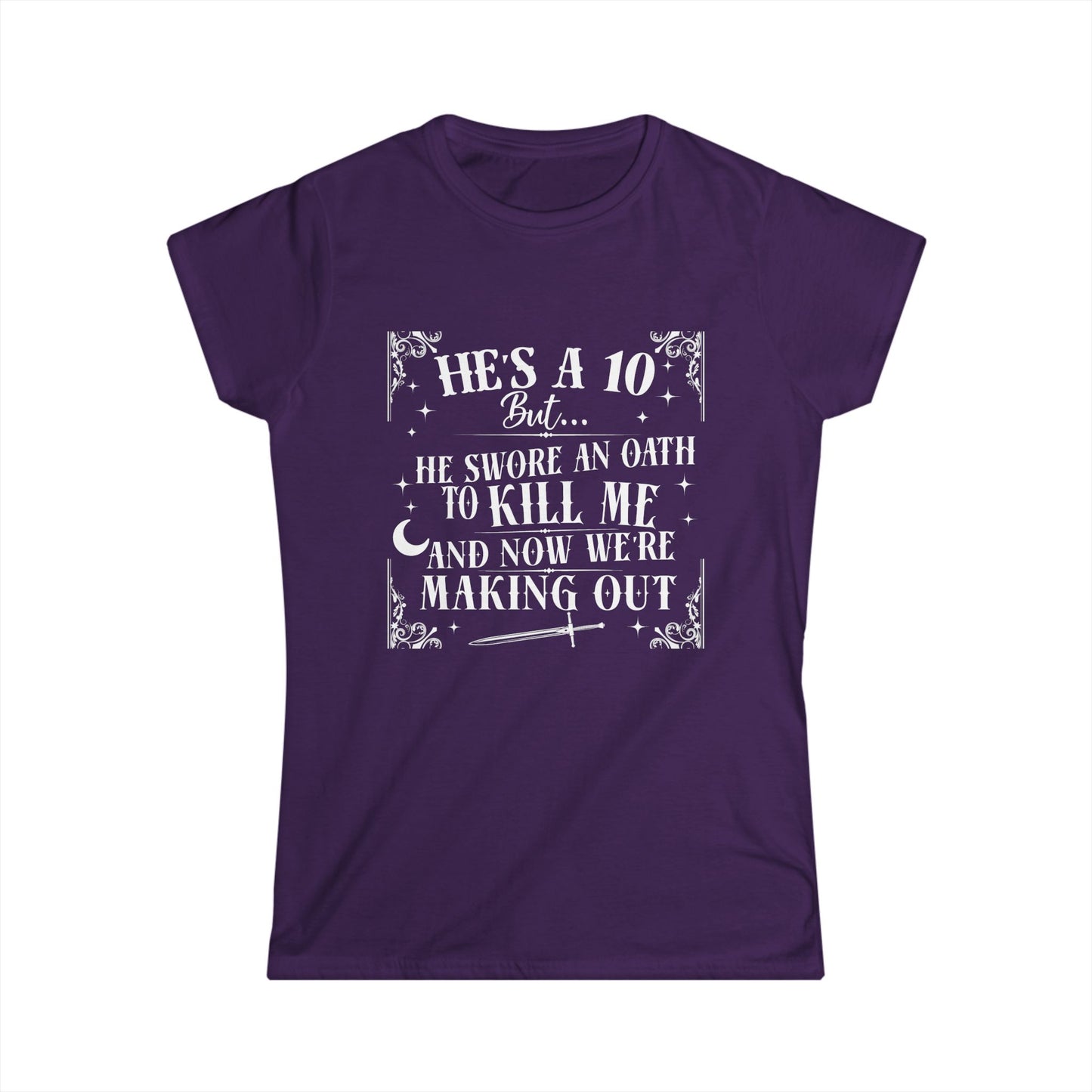 Purple t-shirt with white text on a white background