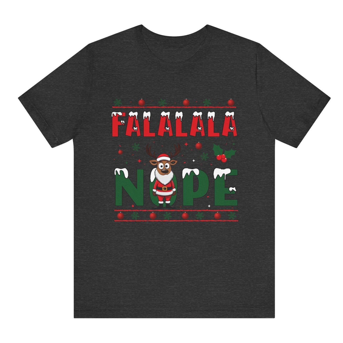 Black t-shirt with Christmas-themed text and graphics on a white background