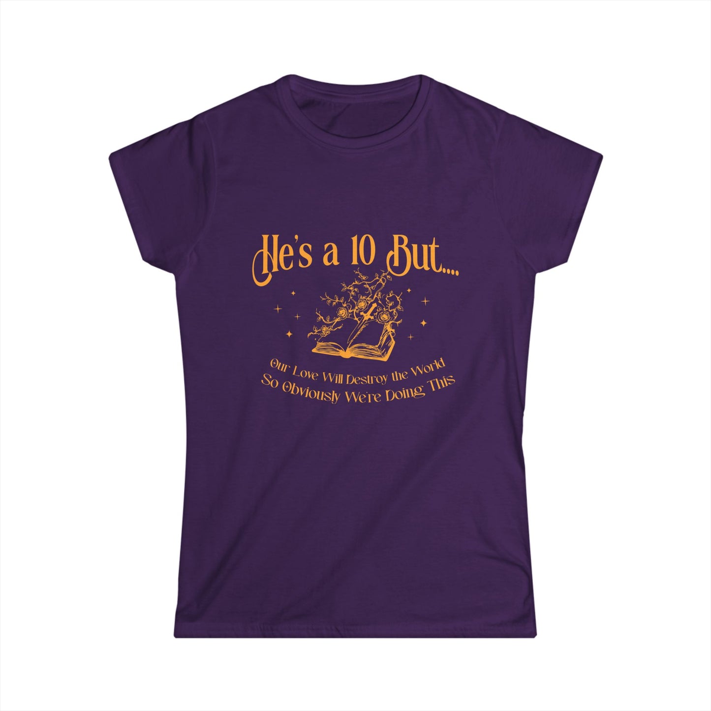 Purple t-shirt with yellow text and graphic on a white background