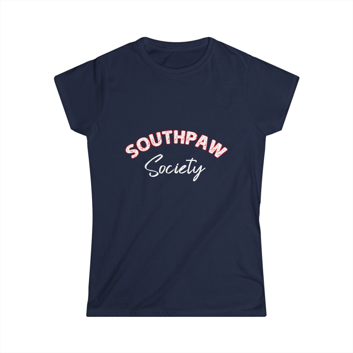 Navy blue t-shirt with 'Southpaw Society' text on a white background