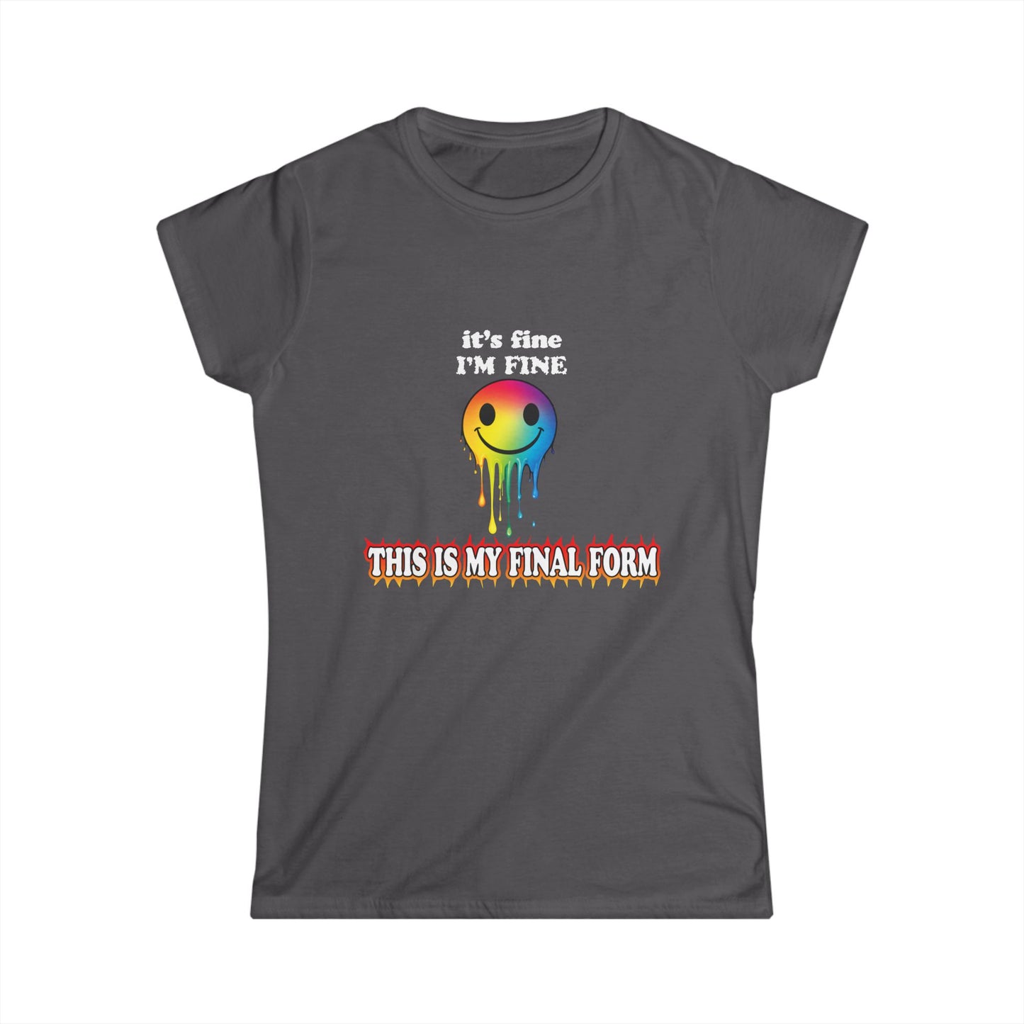 Gray t-shirt with a colorful smiley face and text on a white background