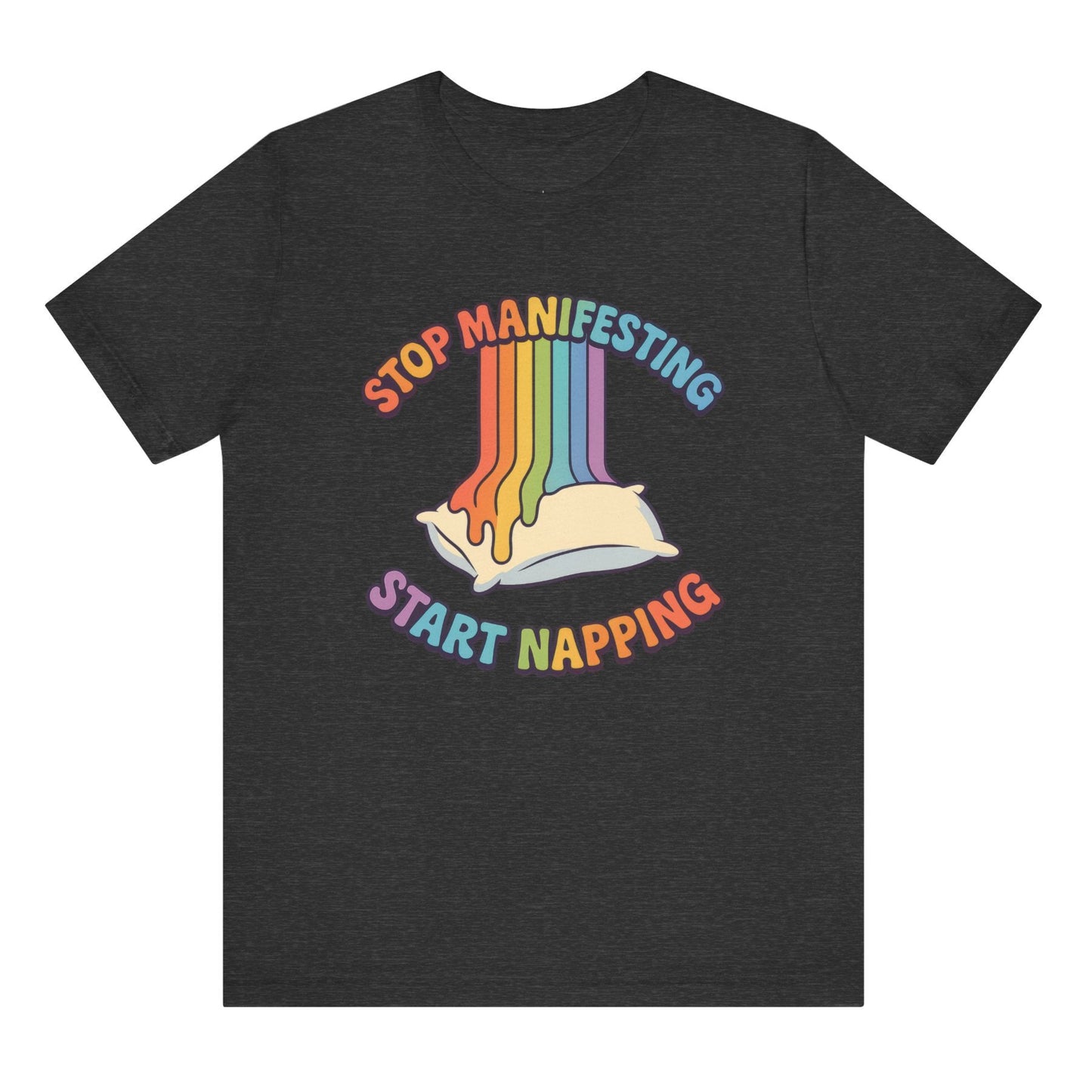 Black t-shirt with colorful graphic and text on a white background