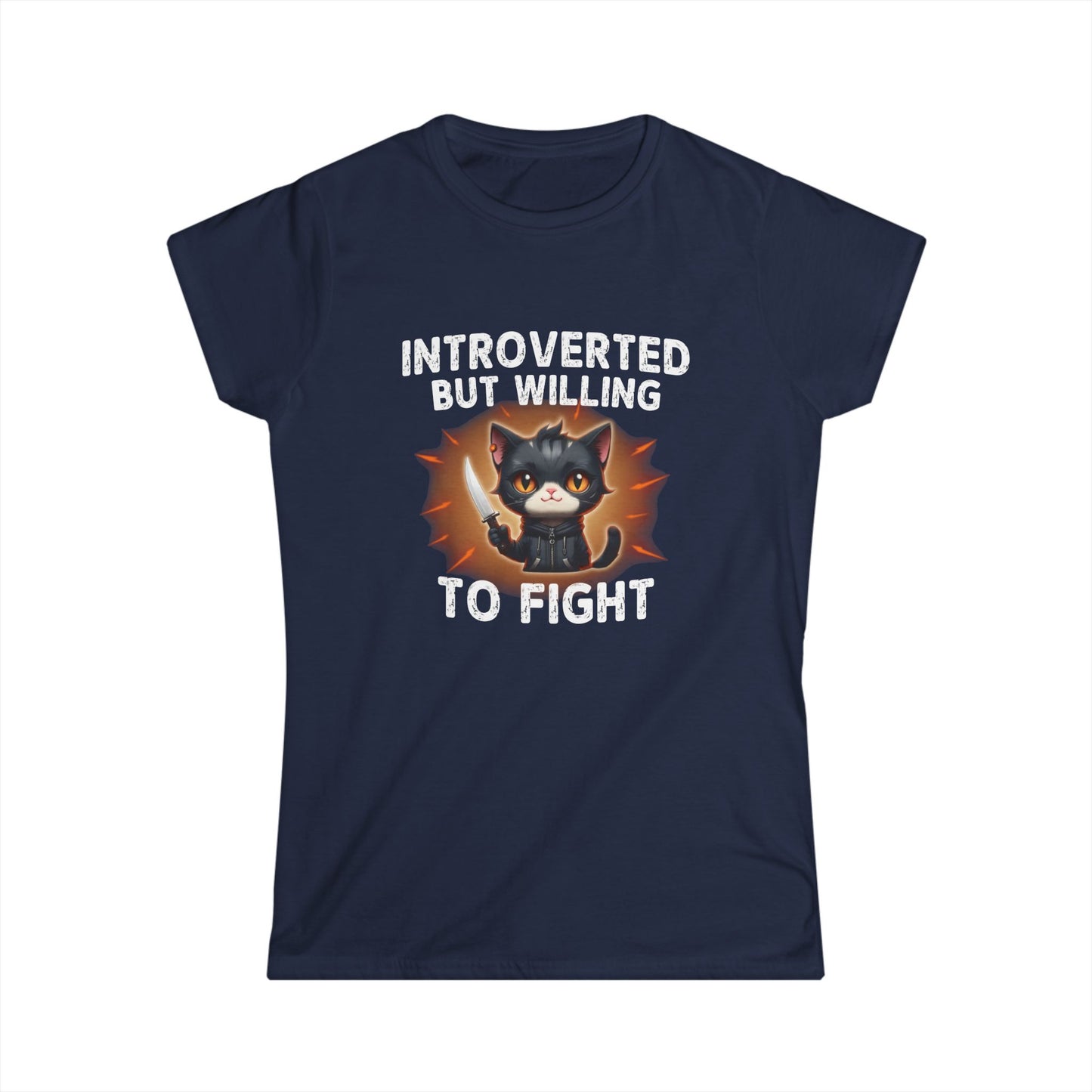 Navy blue t-shirt with a graphic of a cat and text 'Introverted but willing to fight' on a white background