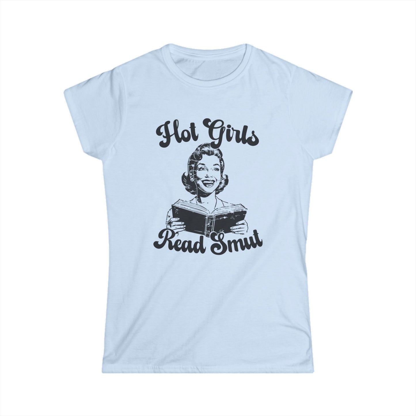 Light blue t-shirt with black graphic and text on a white background