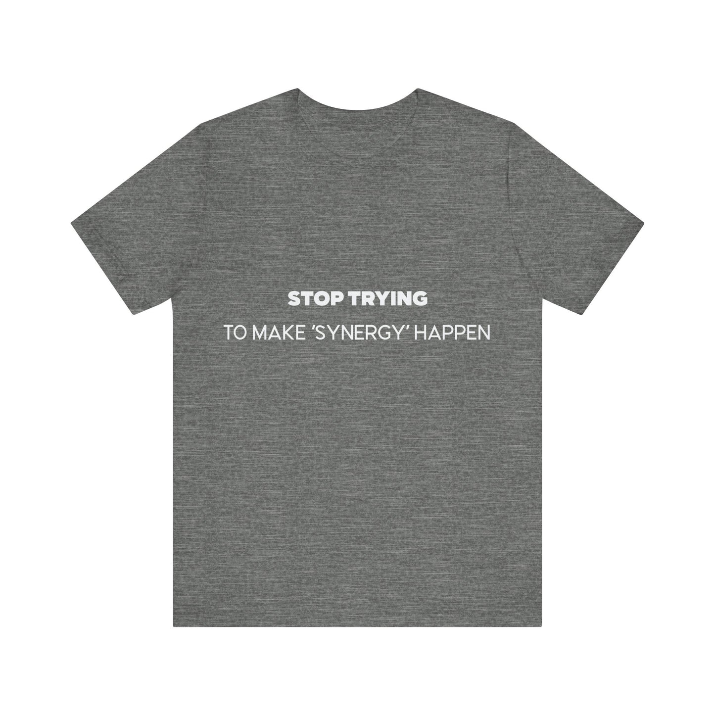 Gray t-shirt with white text on a white background