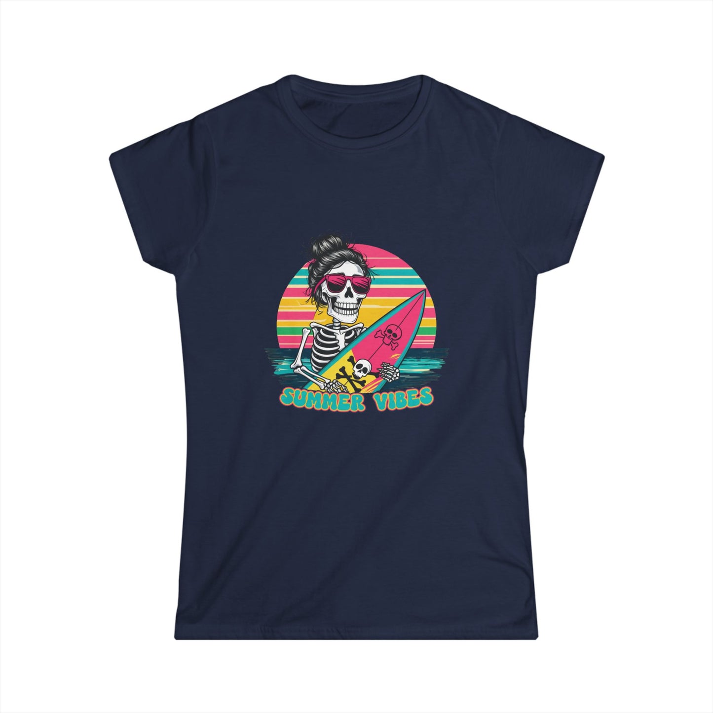 Black women's t-shirt with a graphic of a skeleton holding a surfboard and text 'Summer Vibes' against a colorful striped background.
