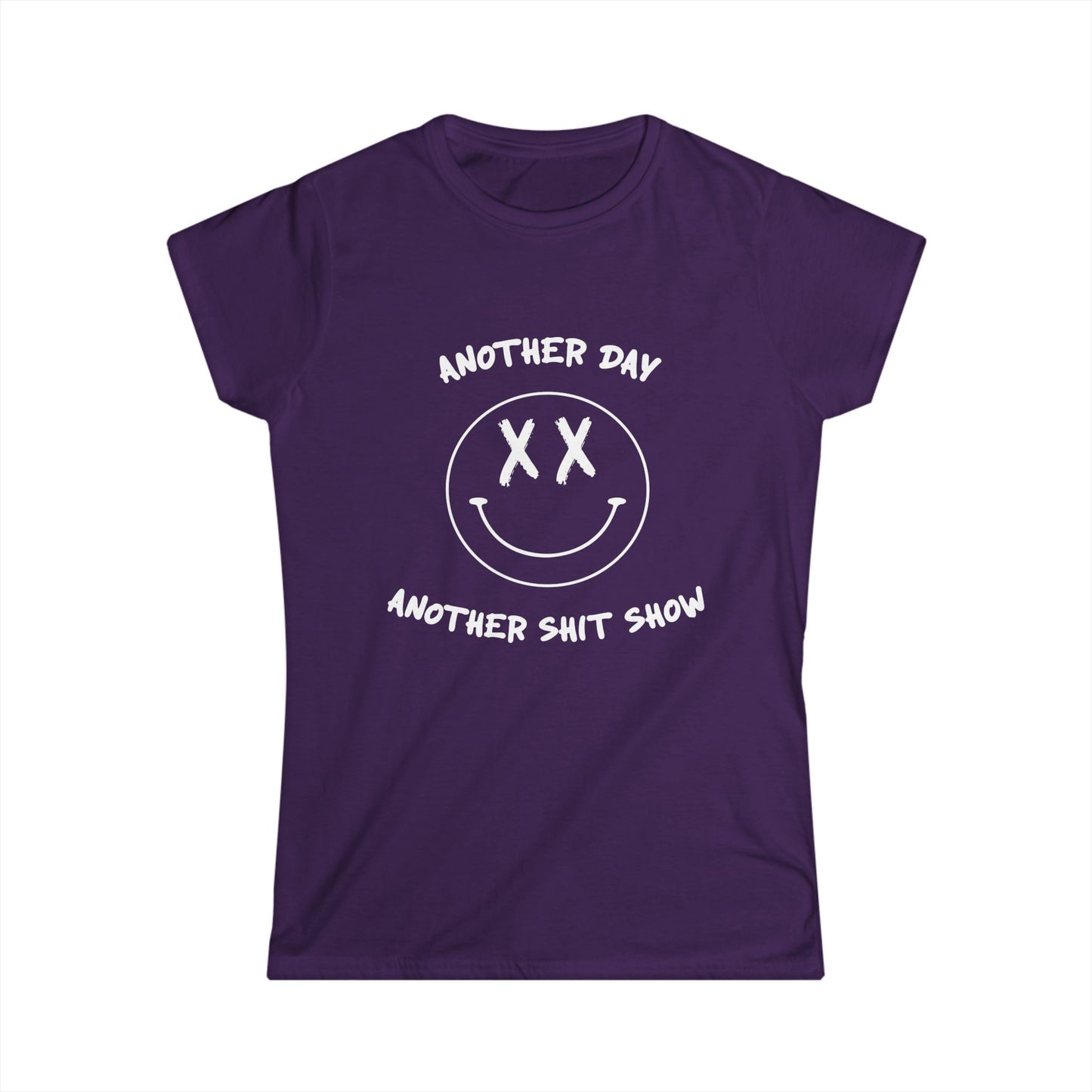 Purple t-shirt with white graphic and text on a white background