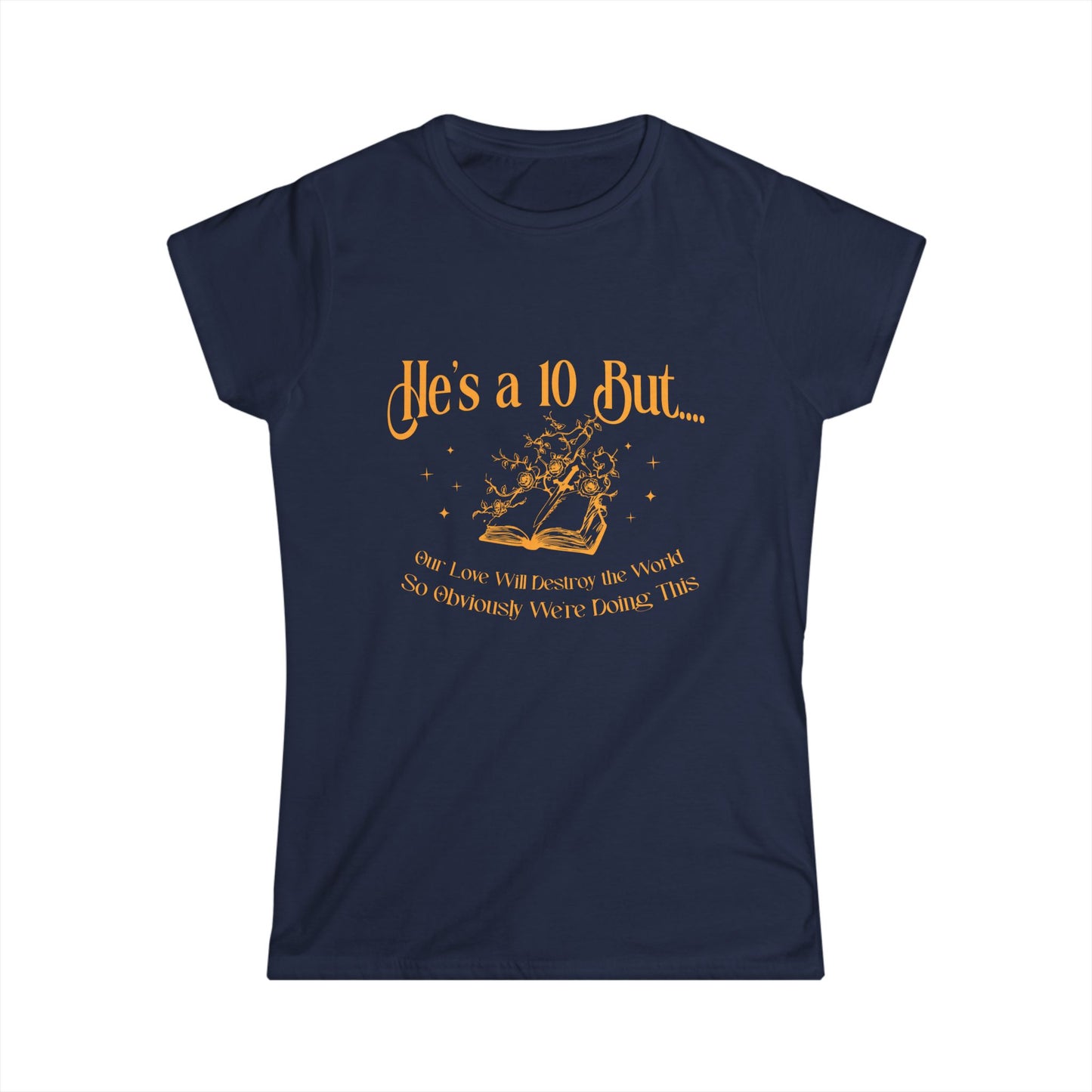 Navy blue t-shirt with yellow text and graphic on a white background