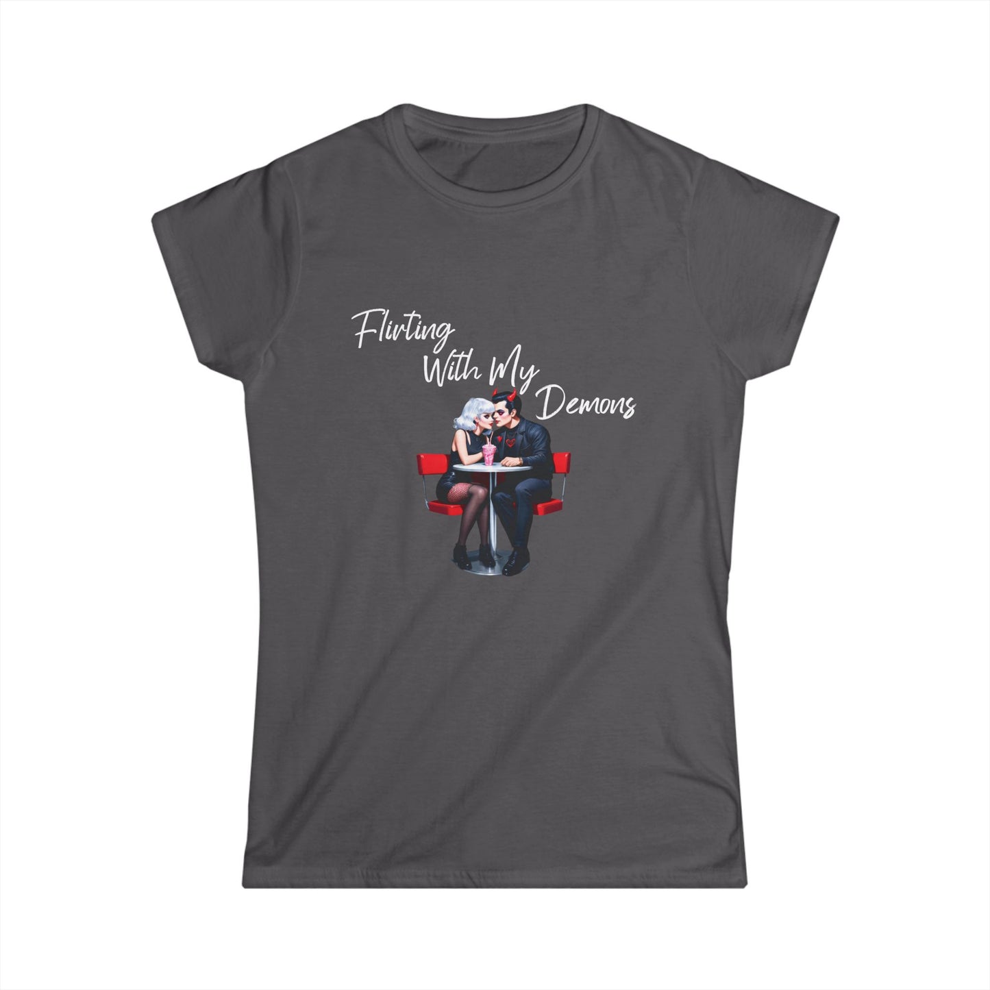Dark gray t-shirt with graphic design and text on a white background