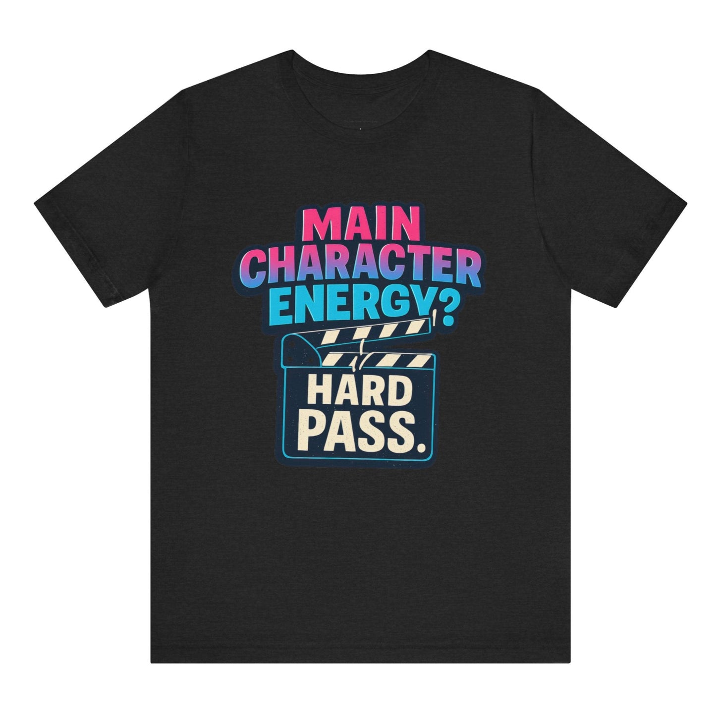 Black t-shirt with colorful text design on a white background