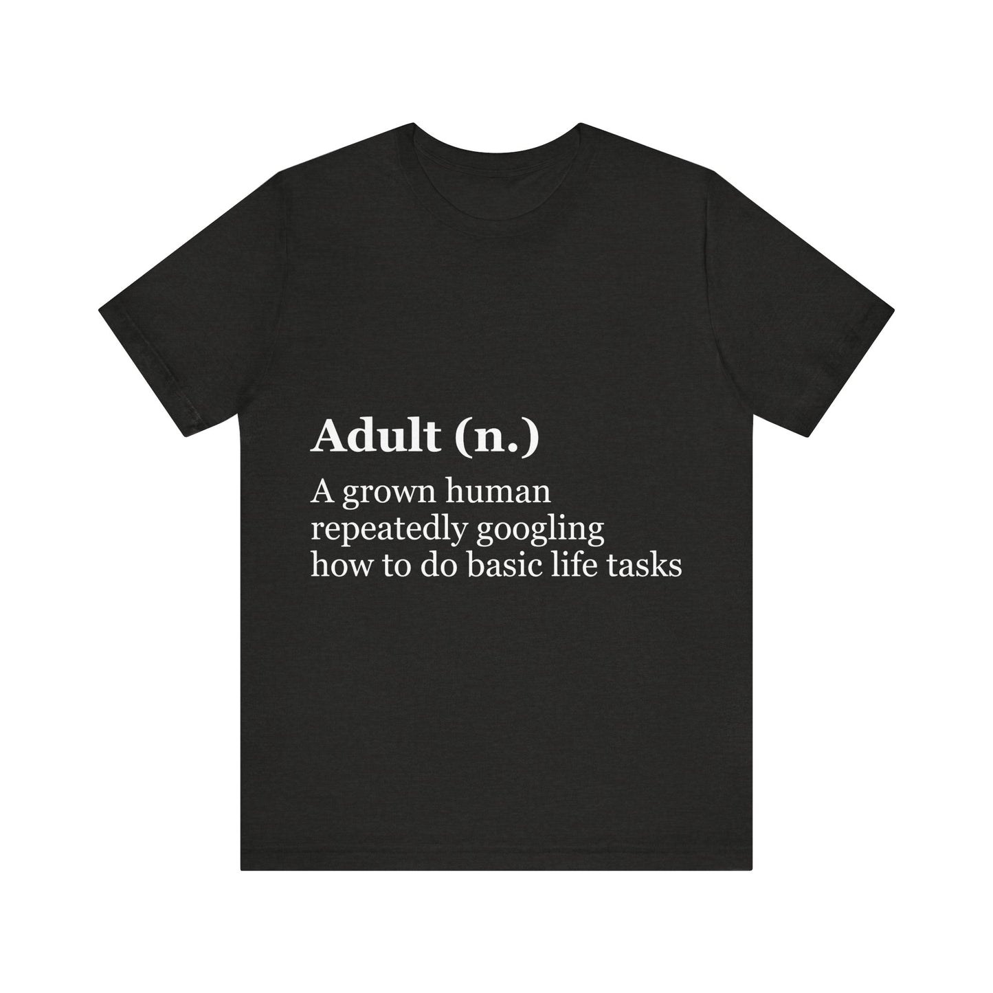 Black t-shirt with white text on a white background