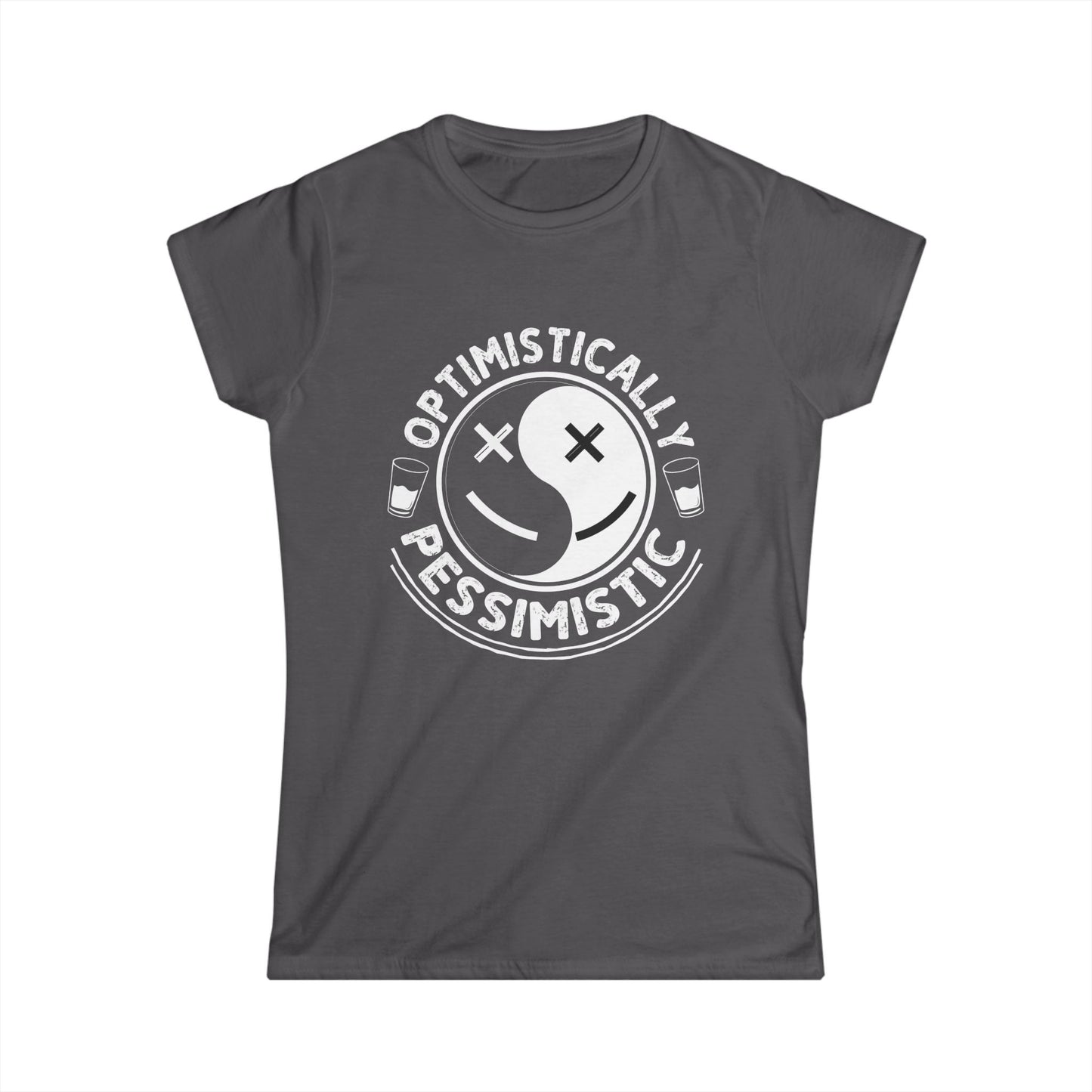 Dark gray t-shirt with white graphic design and text on a white background
