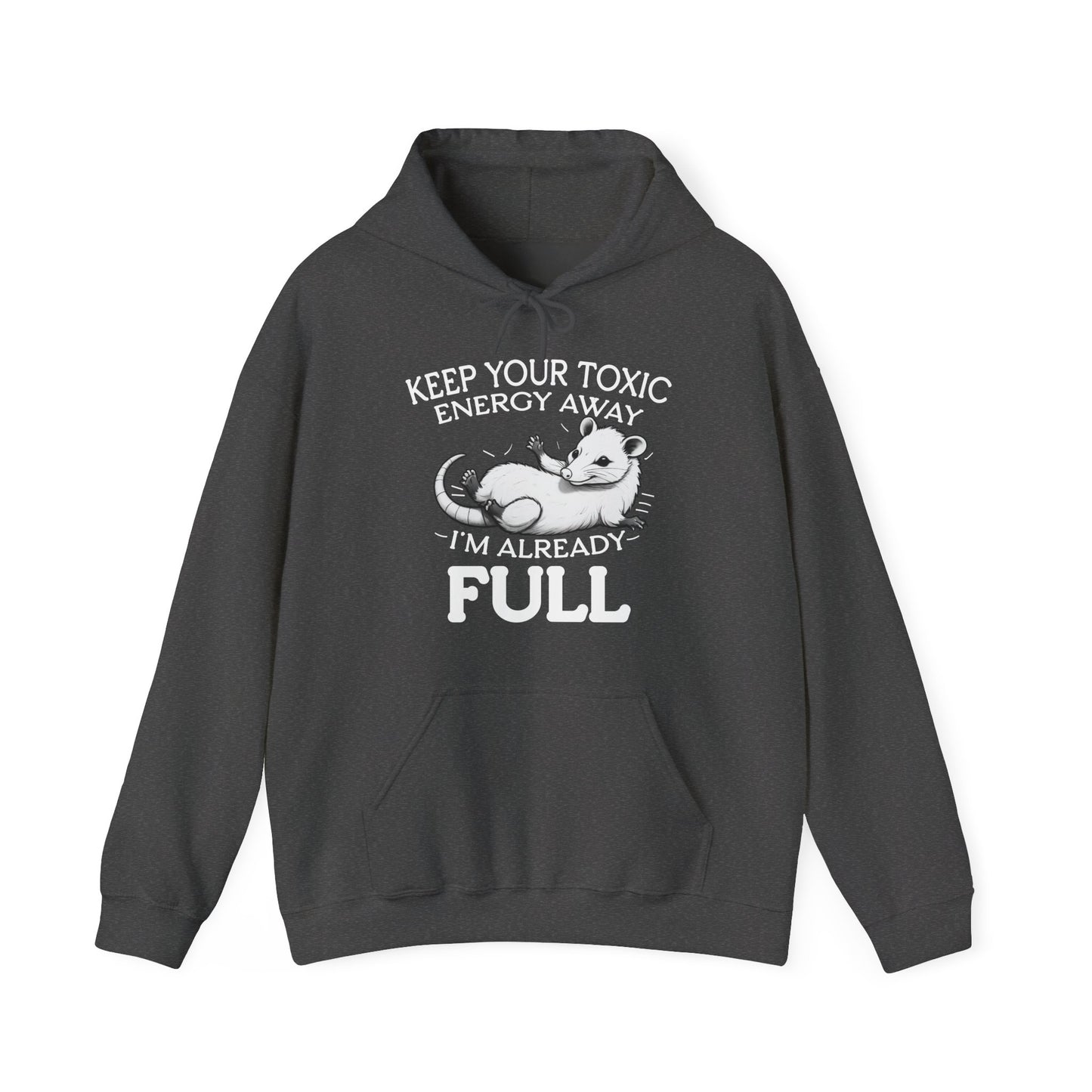 Dark gray hoodie with a graphic and text on a white background