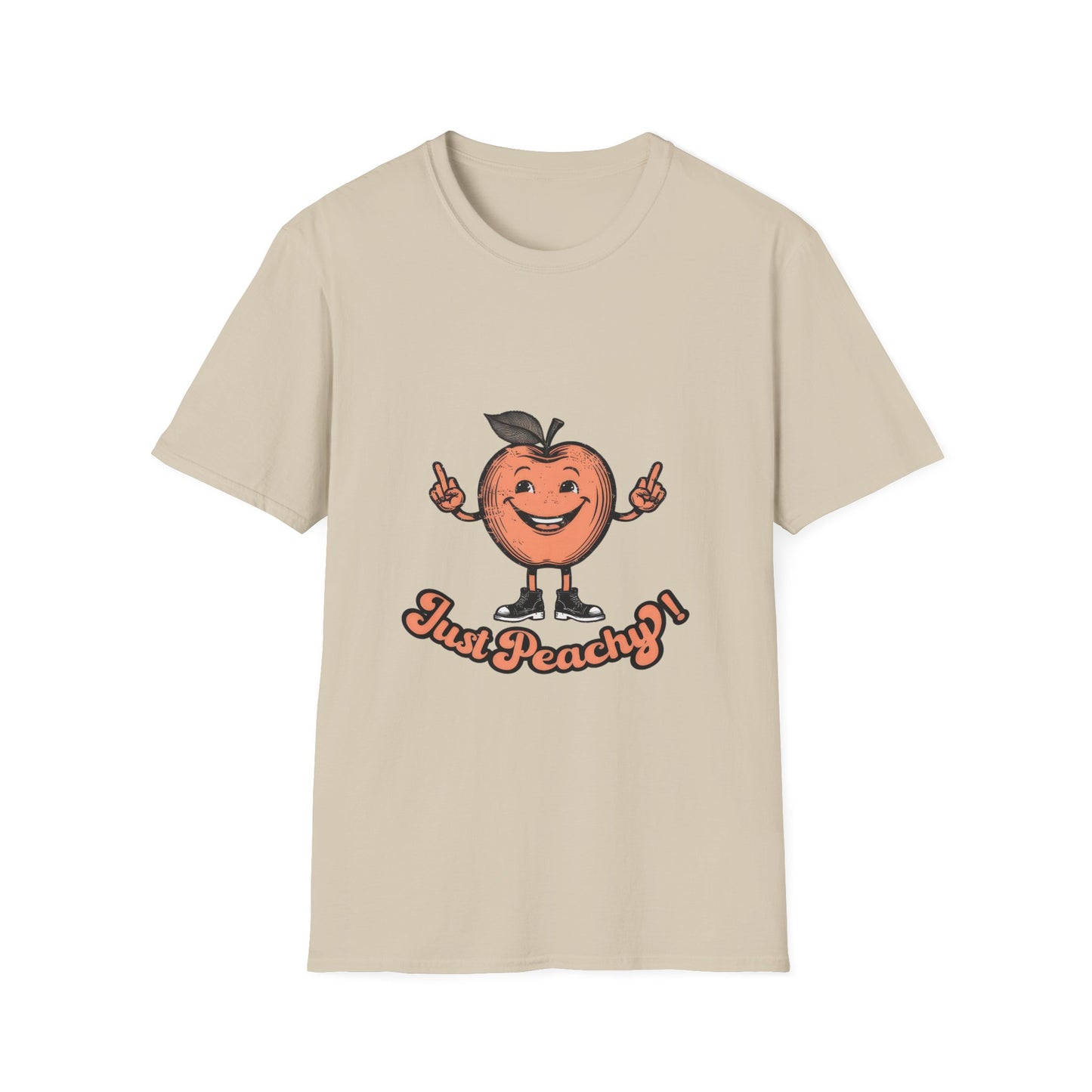 A blue men's crew neck t-shirt with the text 'Just Peachy' and an illustration of a peach with a face on it.