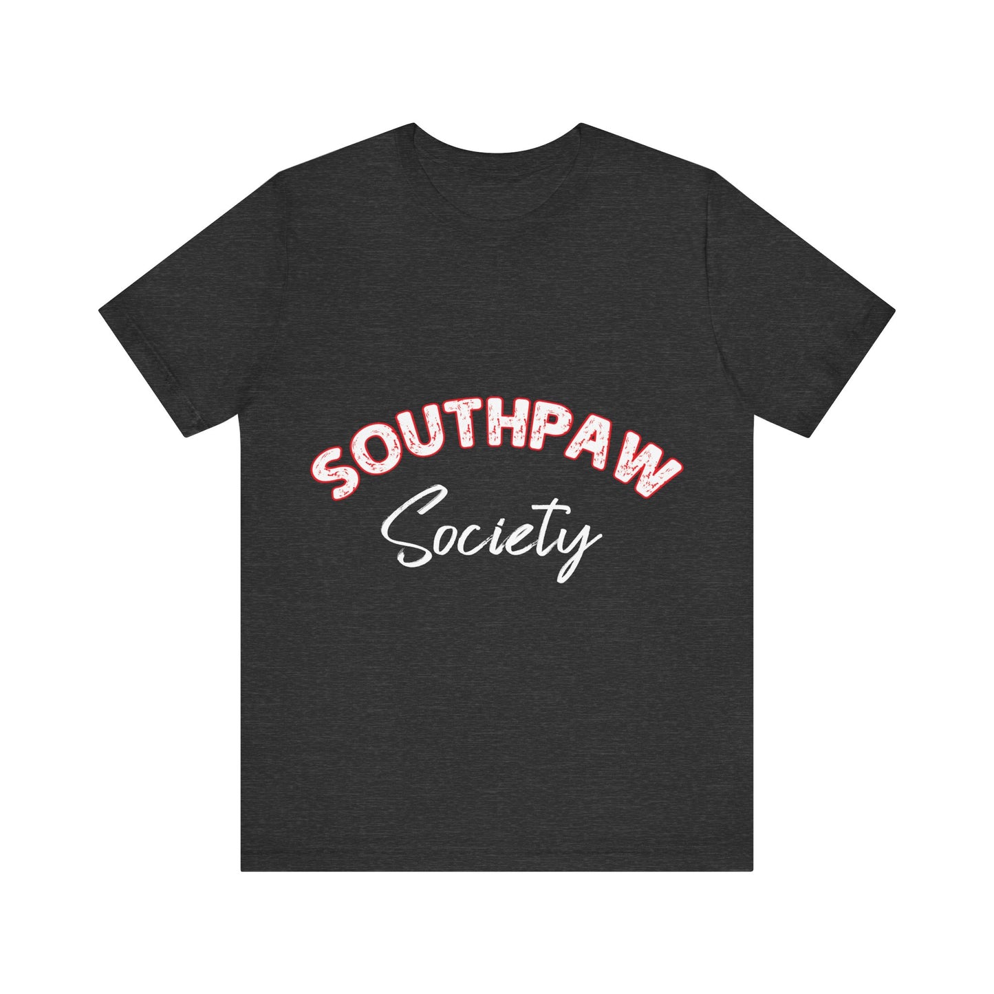 Black t-shirt with 'Southpaw Society' text on a white background