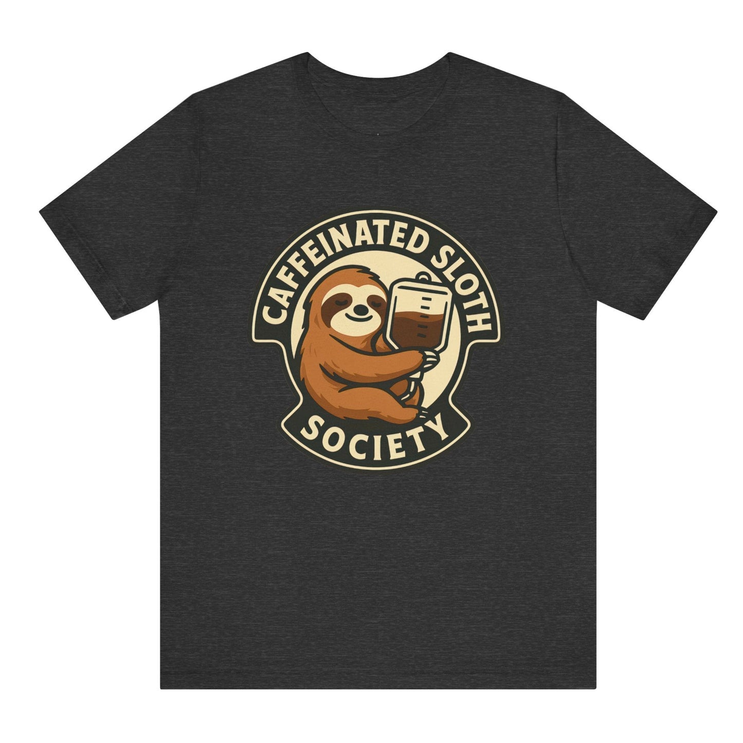 Black t-shirt with a sloth holding a coffee cup graphic and 'Caffeinated Sloth Society' text on a white background
