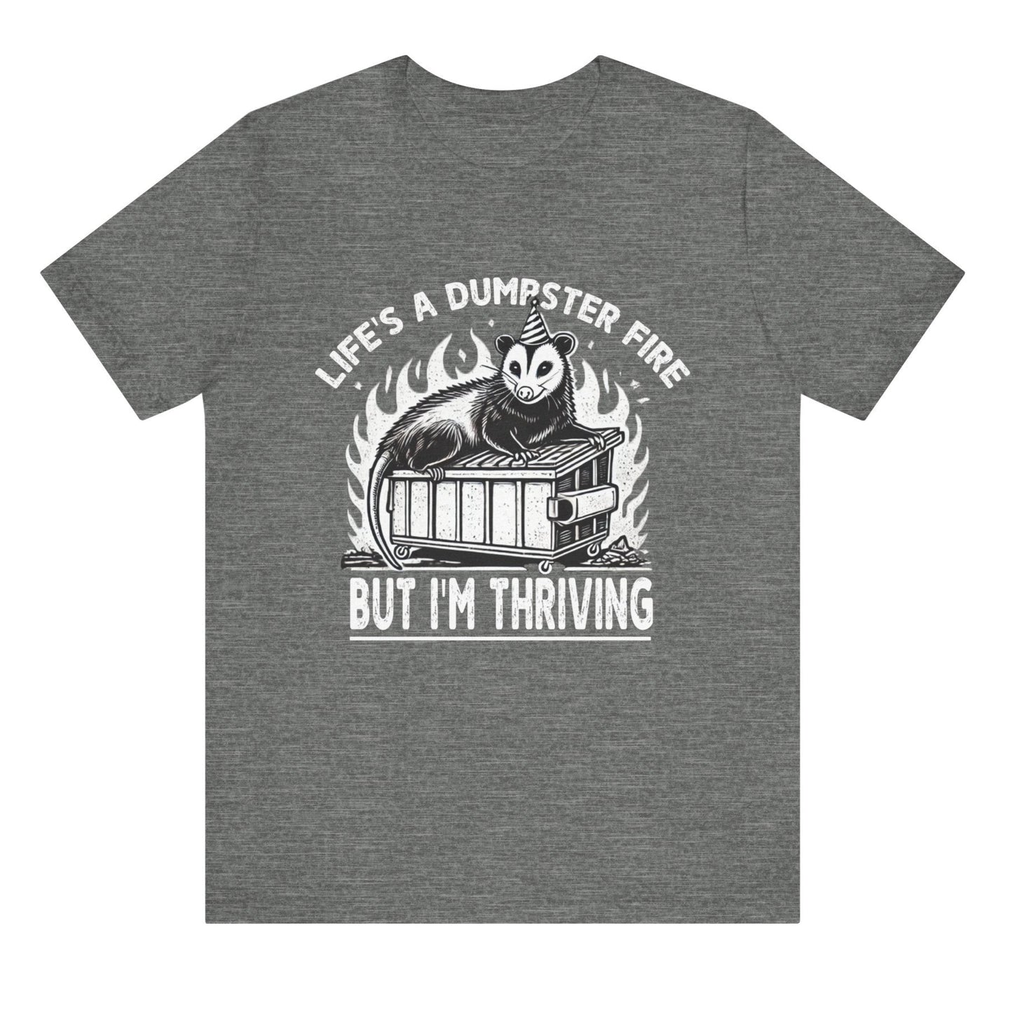 Gray t-shirt with a graphic design and text on a white background