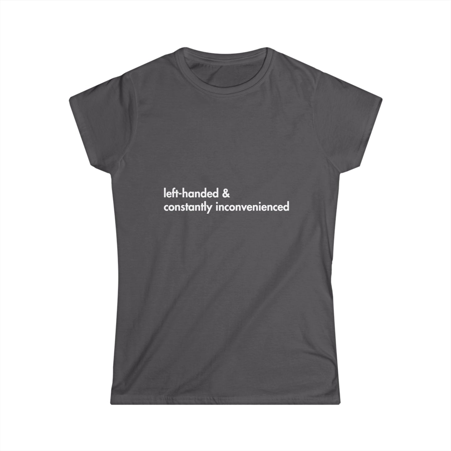 Dark gray t-shirt with white text on a white background