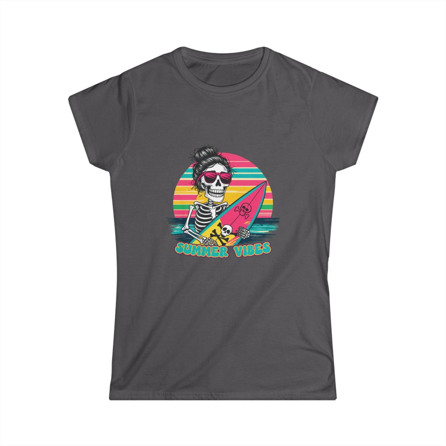 Black women's t-shirt with a graphic of a skeleton holding a surfboard and text 'Summer Vibes' against a colorful striped background.
