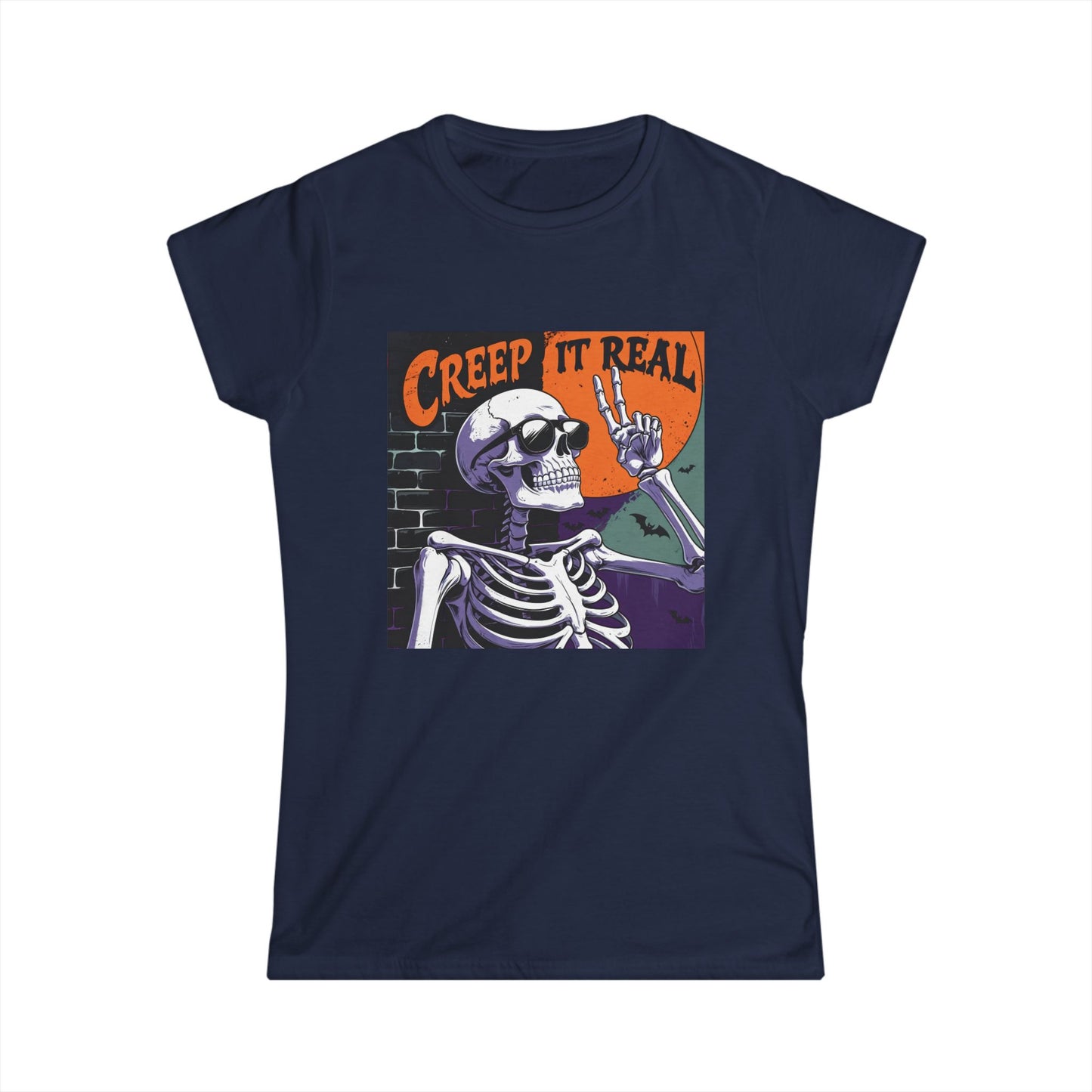 Navy blue t-shirt with a skeleton graphic and 'Creep It Real' text on a white background