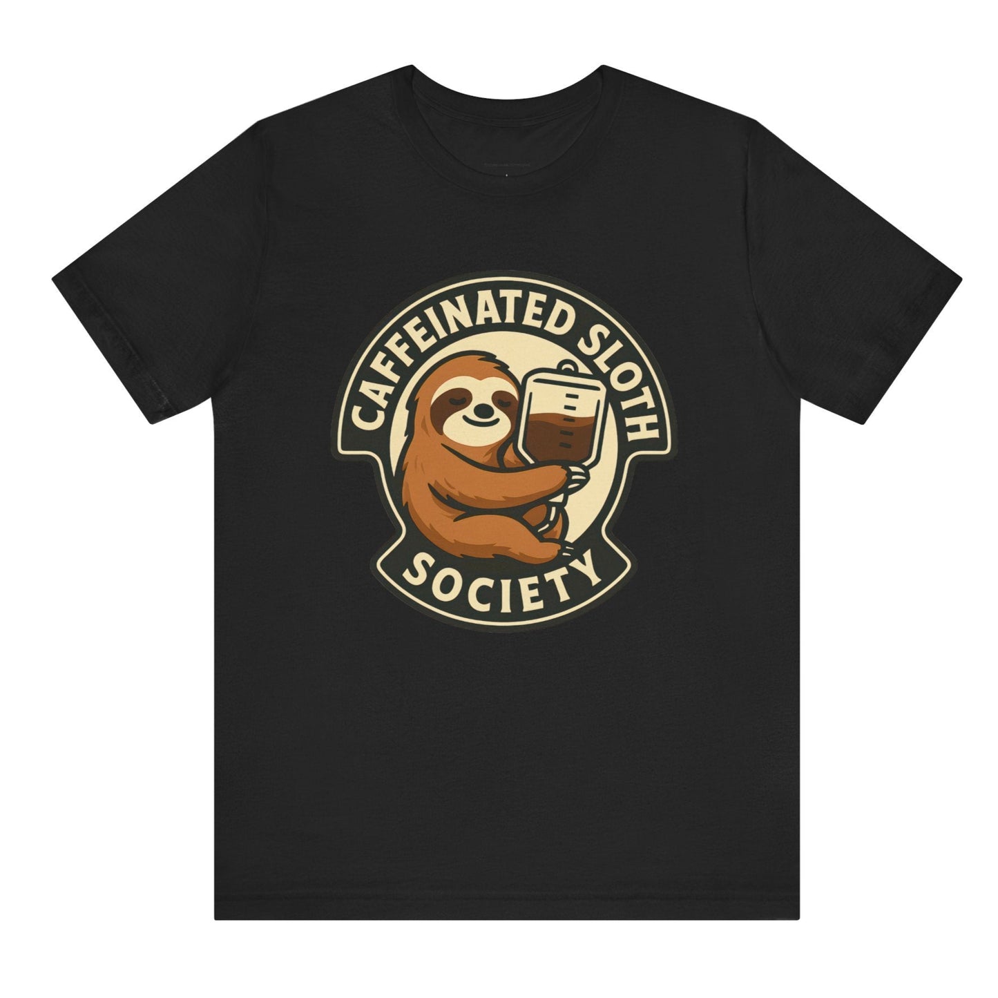 Black t-shirt with a sloth holding a coffee cup graphic and 'Caffeinated Sloth Society' text on a white background.