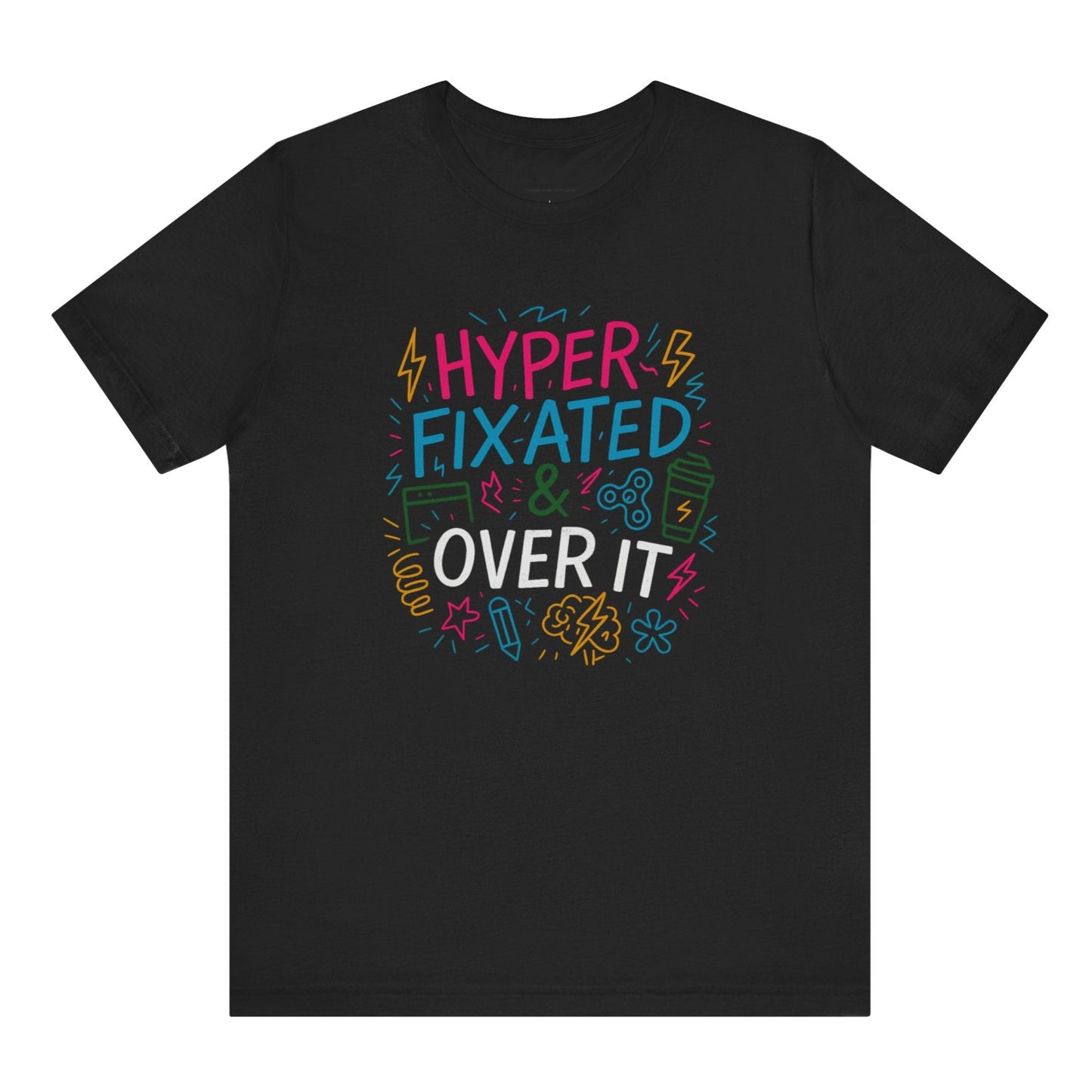 Black t-shirt with colorful text design on a white background