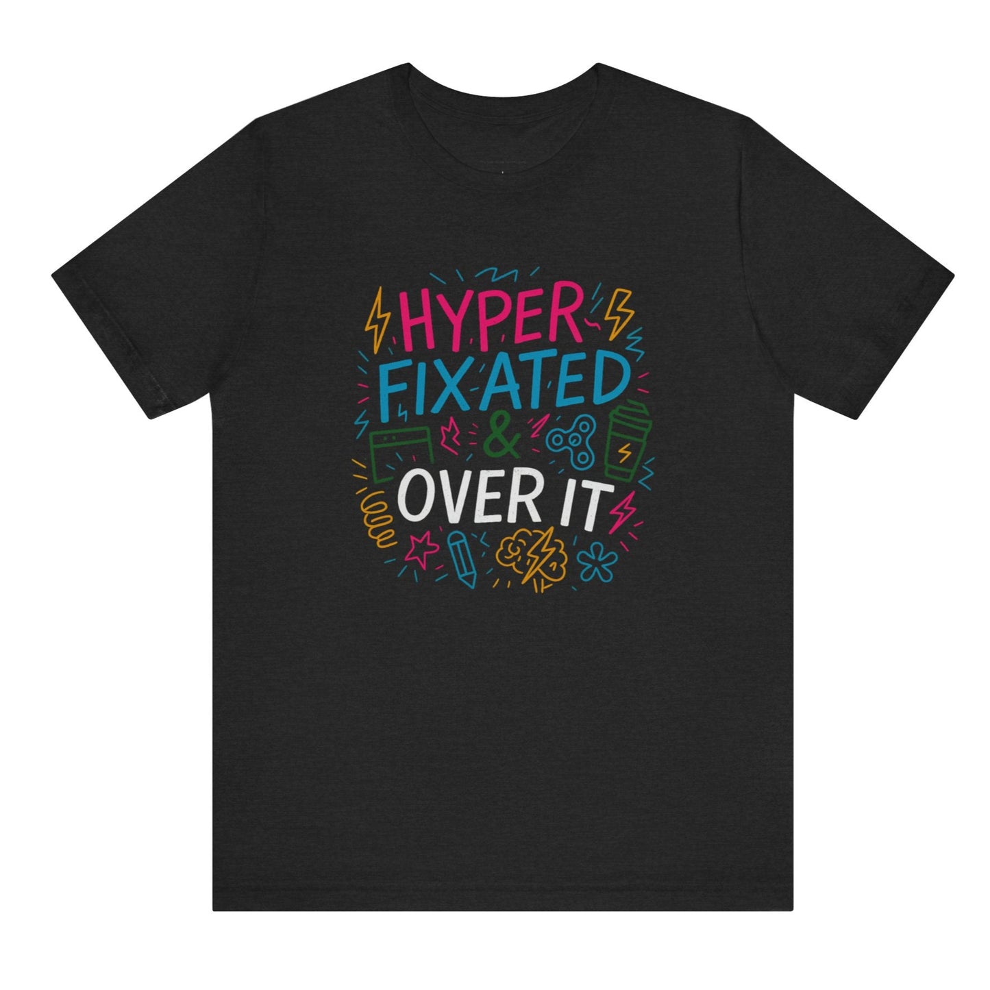 Black t-shirt with colorful text design on a white background