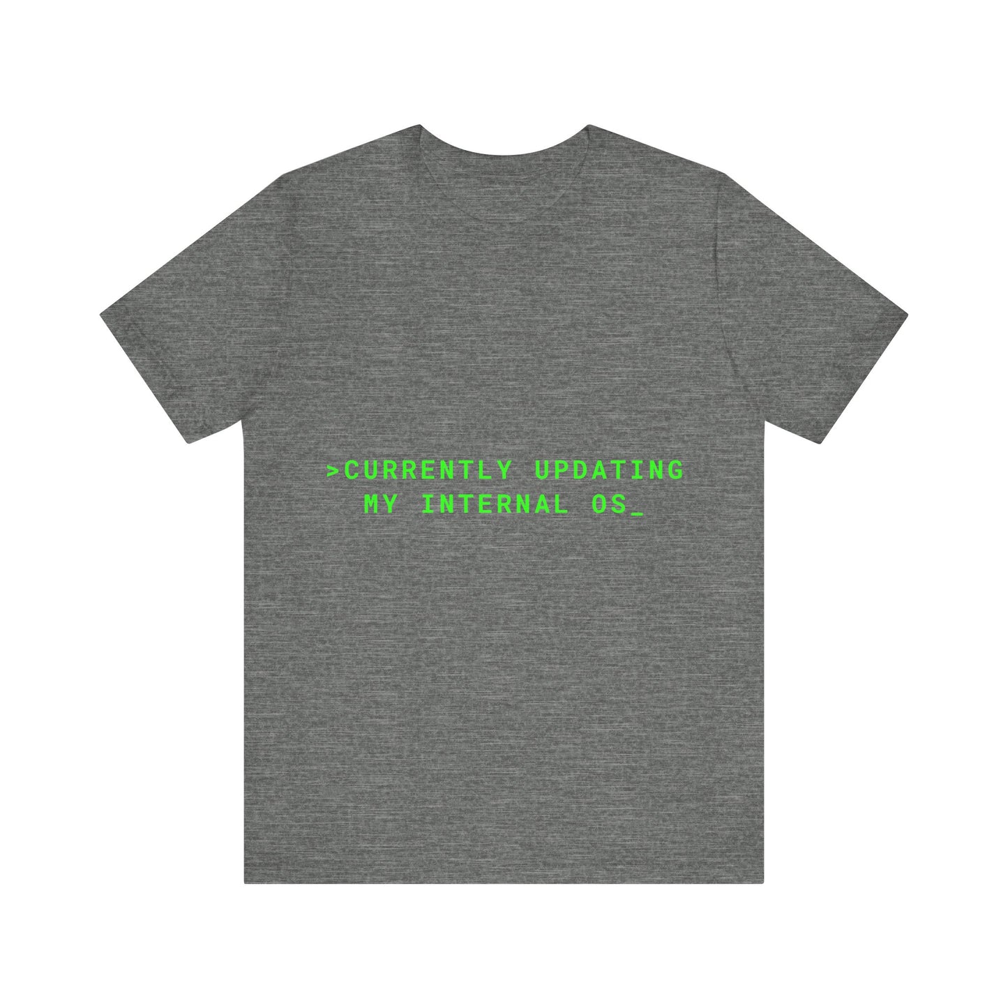 Gray t-shirt with green text on a white background
