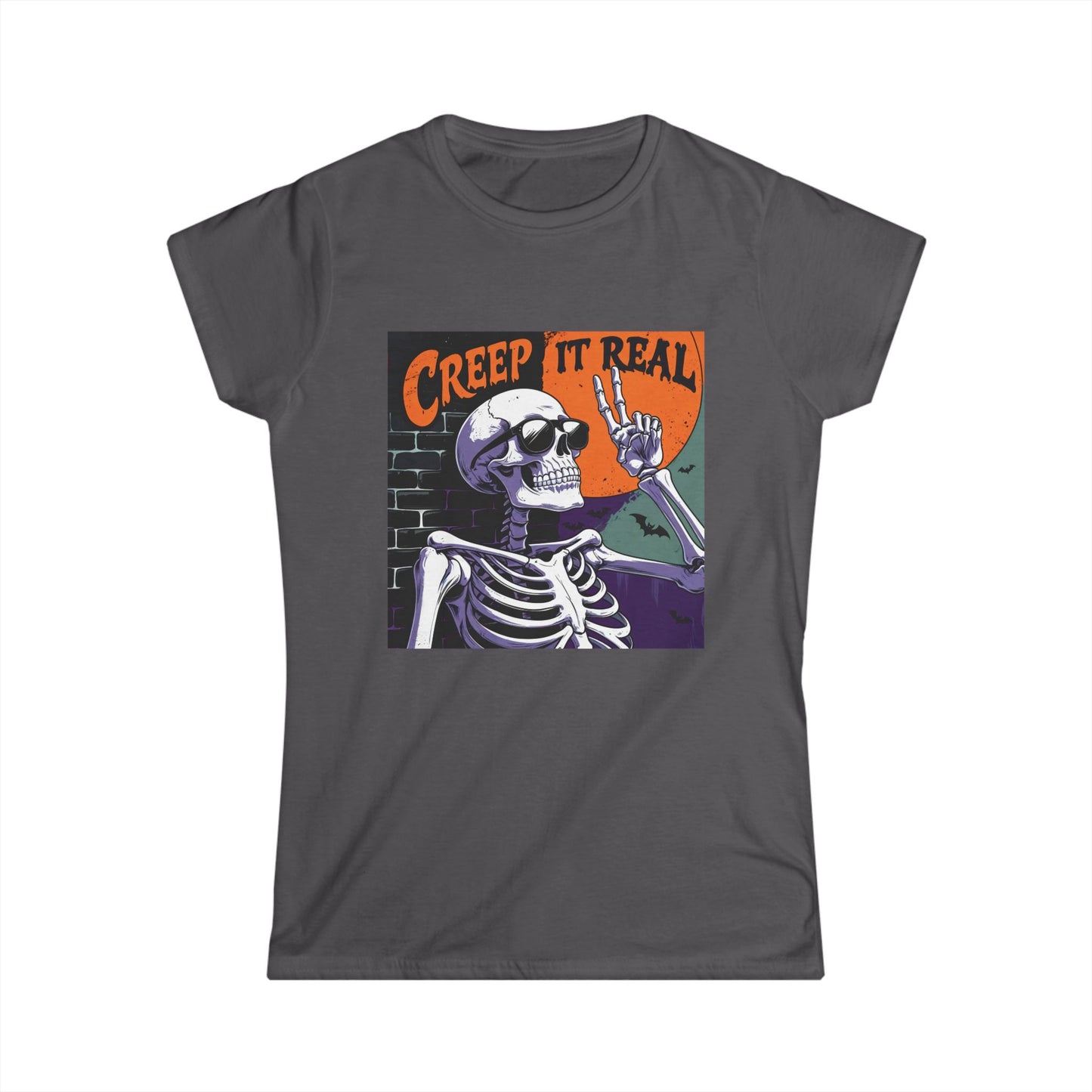 Gray t-shirt with a skeleton graphic and 'Creep It Real' text on a white background