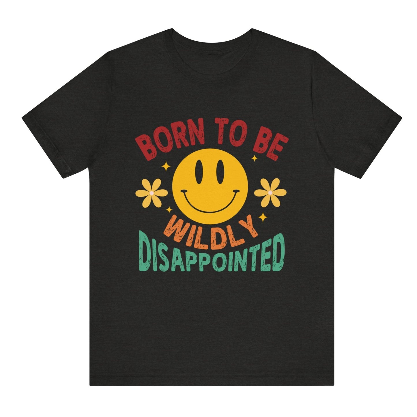 Black t-shirt with a smiley face and text design on a white background