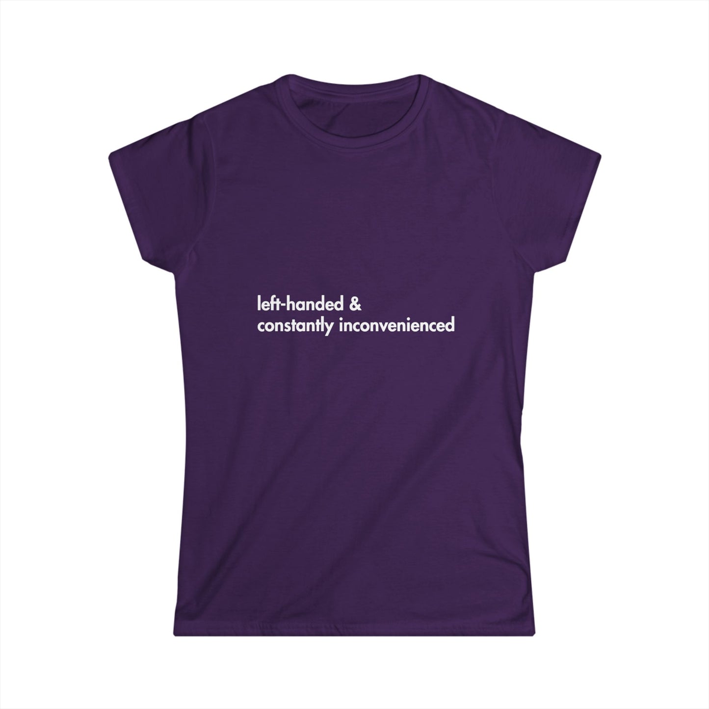 Purple t-shirt with white text 'left-handed & constantly inconvenienced' on a white background