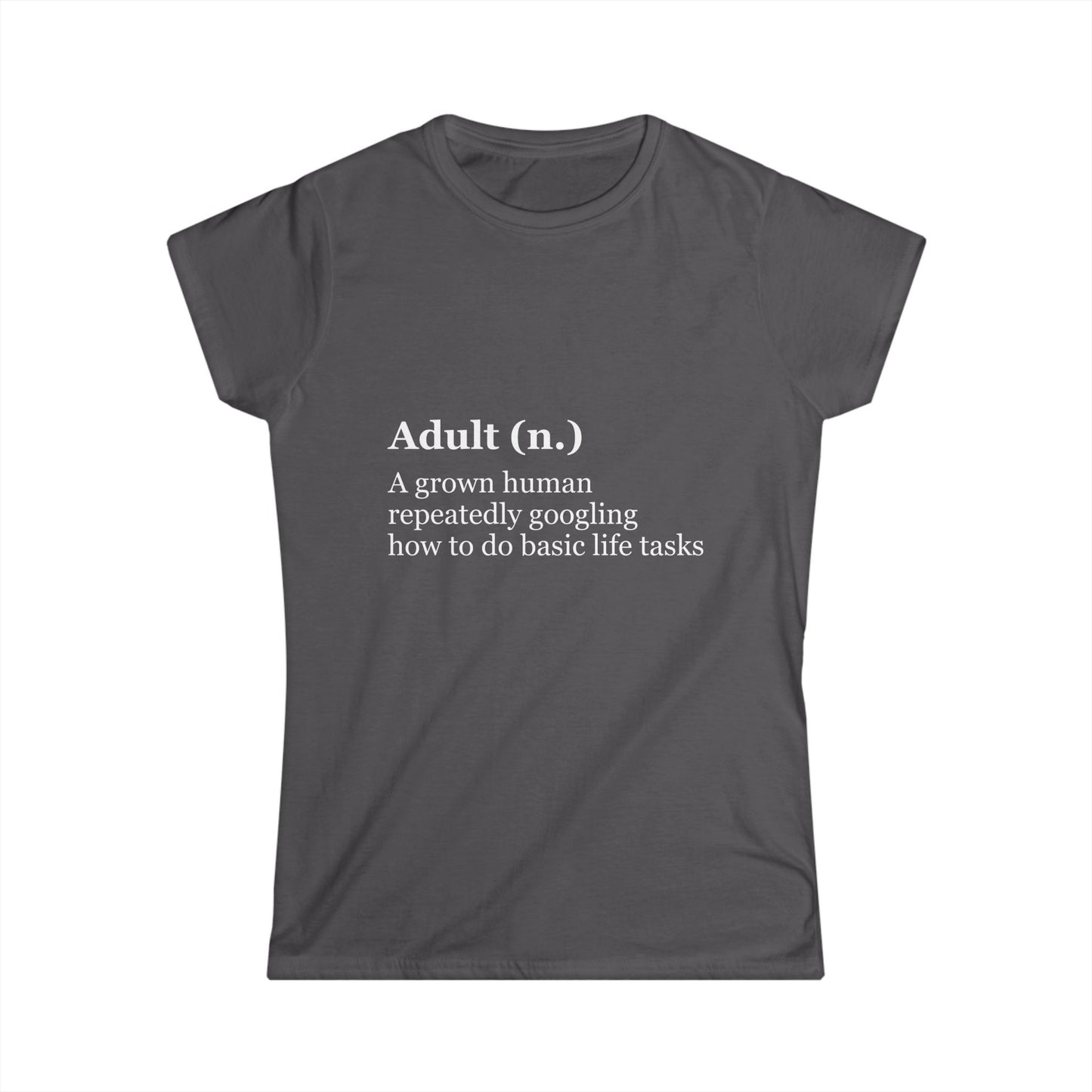 Gray t-shirt with white text on a white background