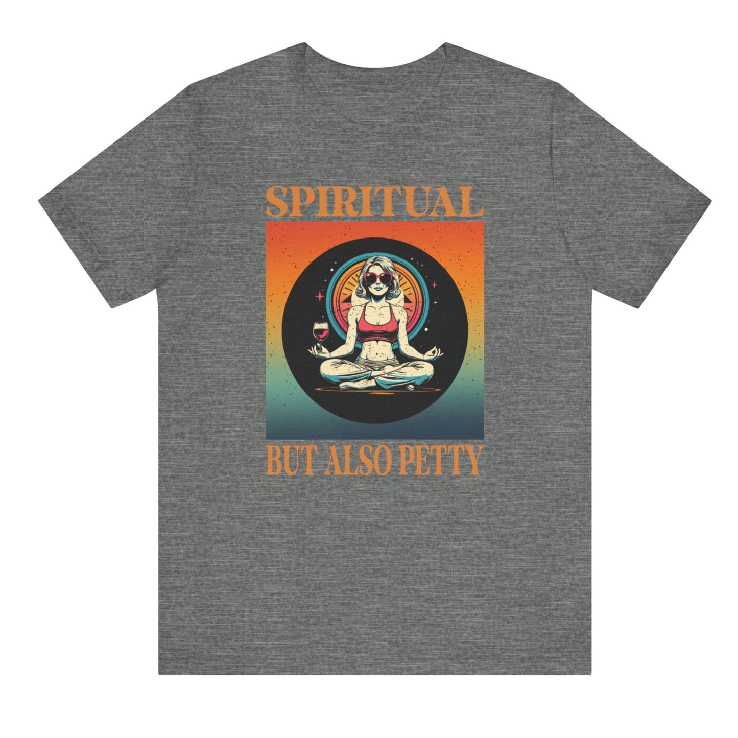Gray t-shirt with a graphic design and text on the back against a white background