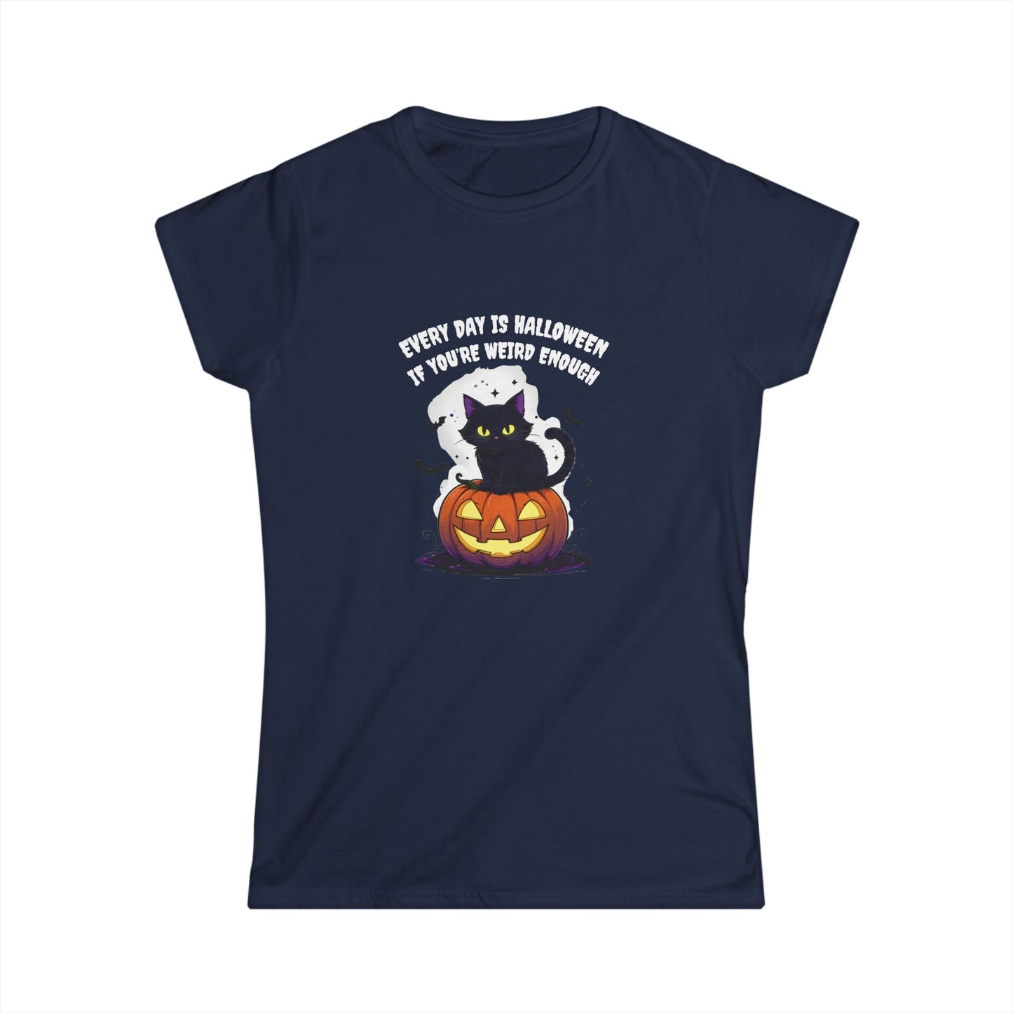 Navy blue t-shirt with Halloween-themed graphic and text on a white background