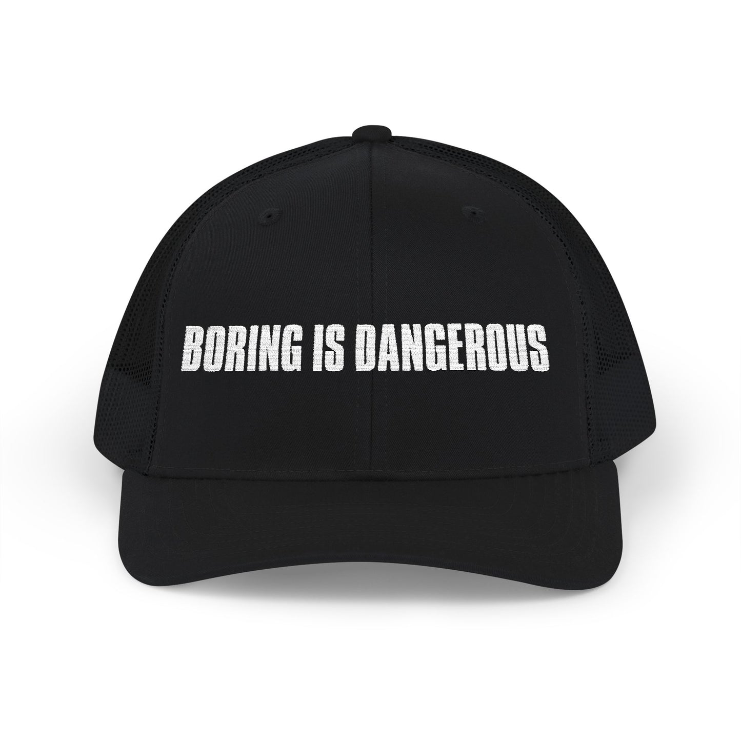 Black cap with 'Boring is Dangerous' text on a white background