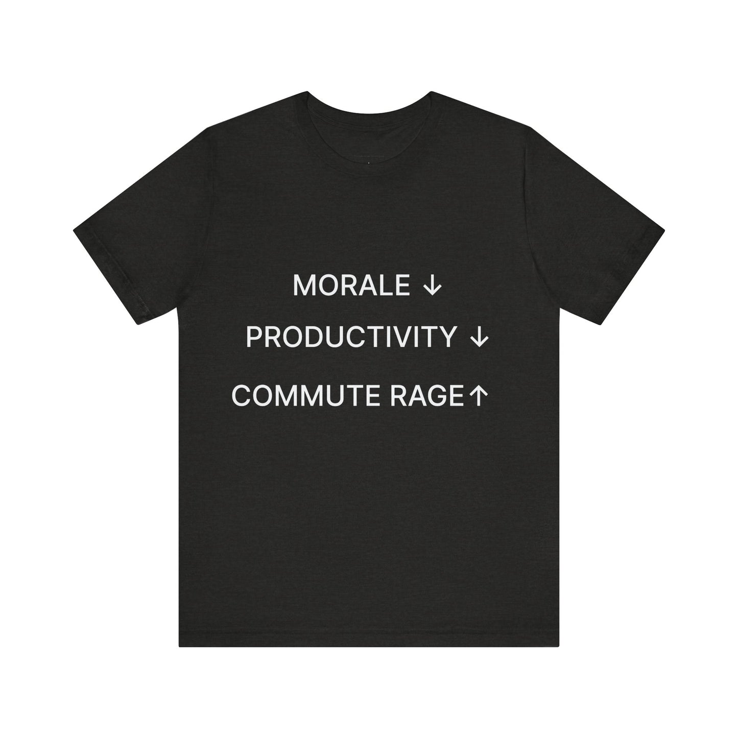 Black t-shirt with white text on a white background