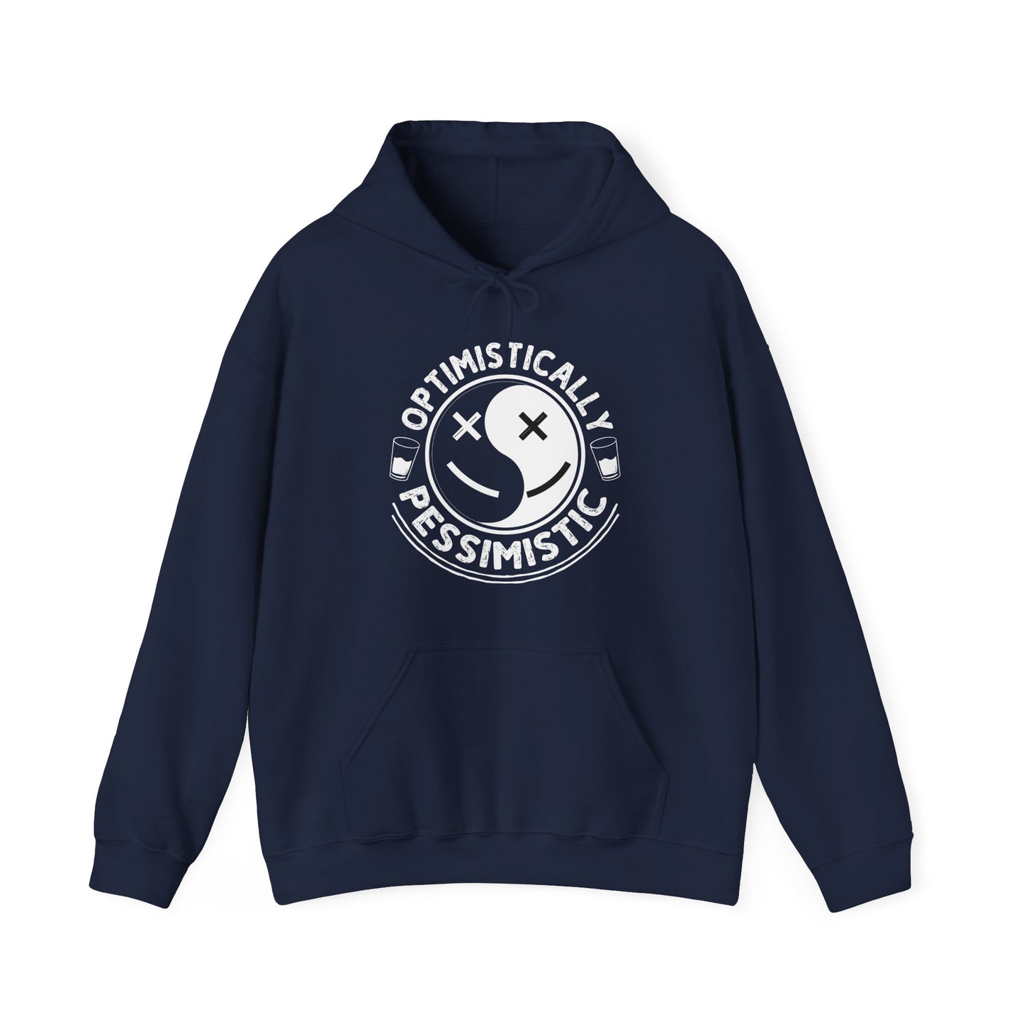 Navy blue hoodie with white graphic and text on a white background