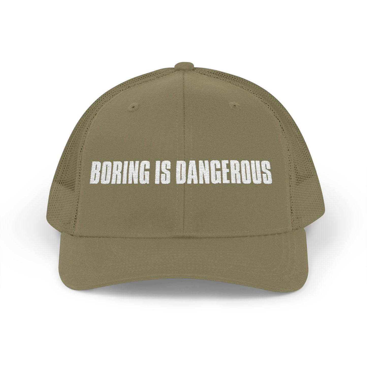 Khaki cap with 'Boring is Dangerous' text on a white background