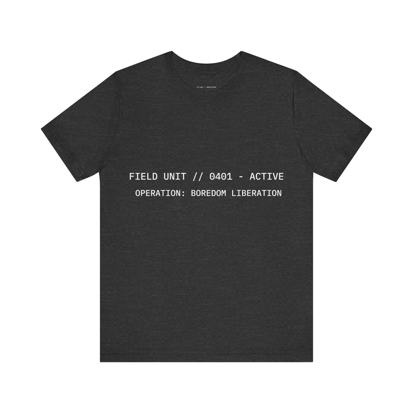 Black t-shirt with white text on a white background