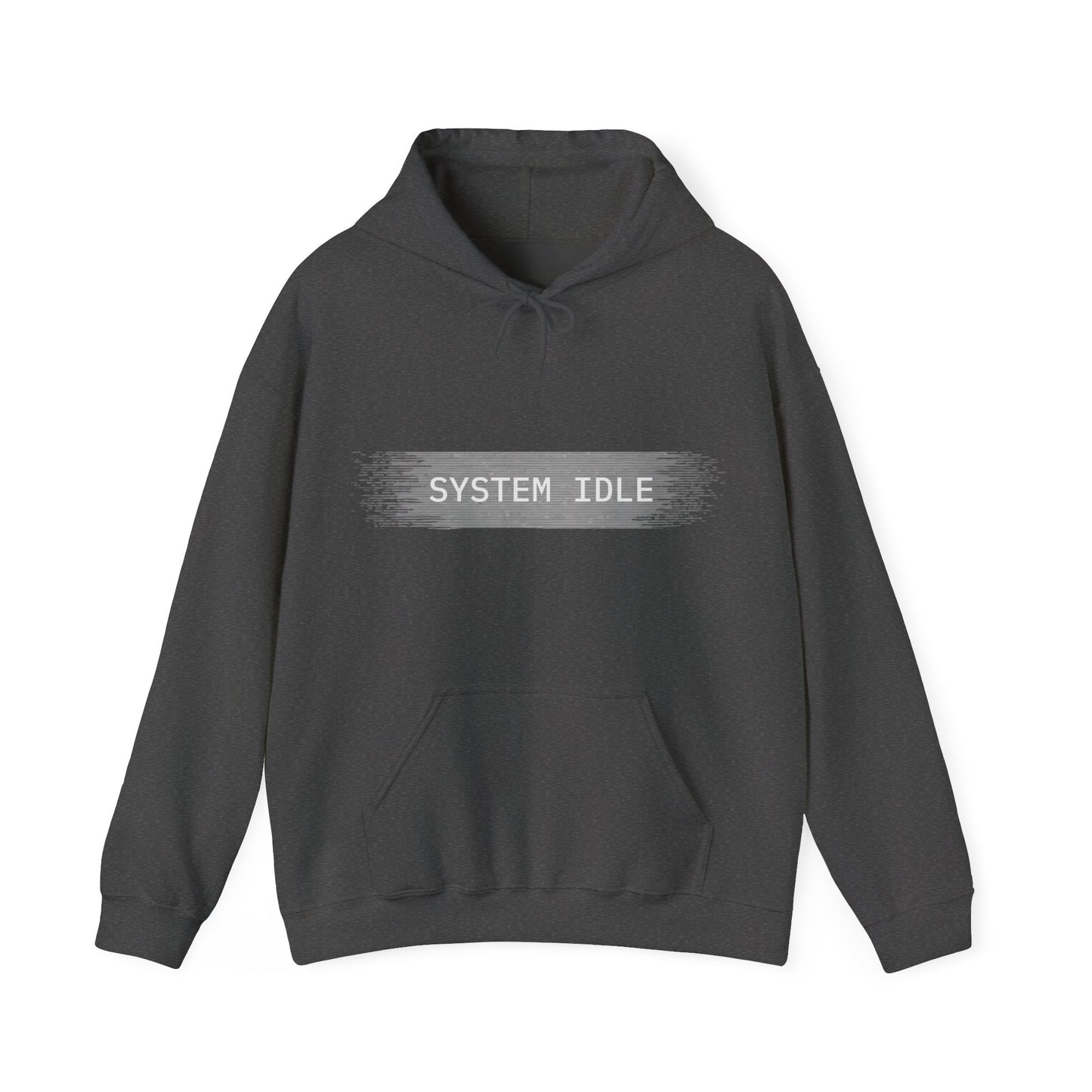 Dark gray hoodie with 'SYSTEM IDLE' text on a white background