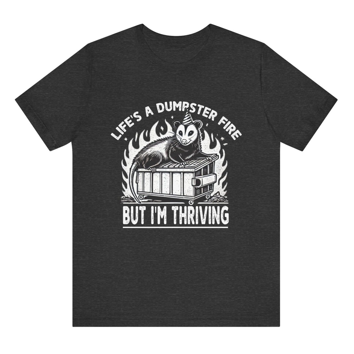 Black t-shirt with graphic design and text on a white background