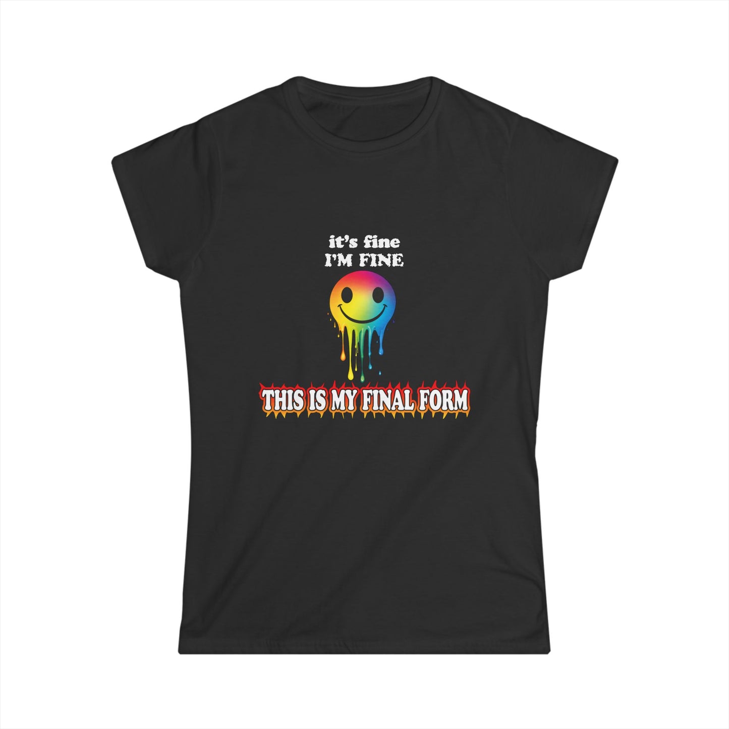 Black t-shirt with colorful smiley face graphic and text on a white background