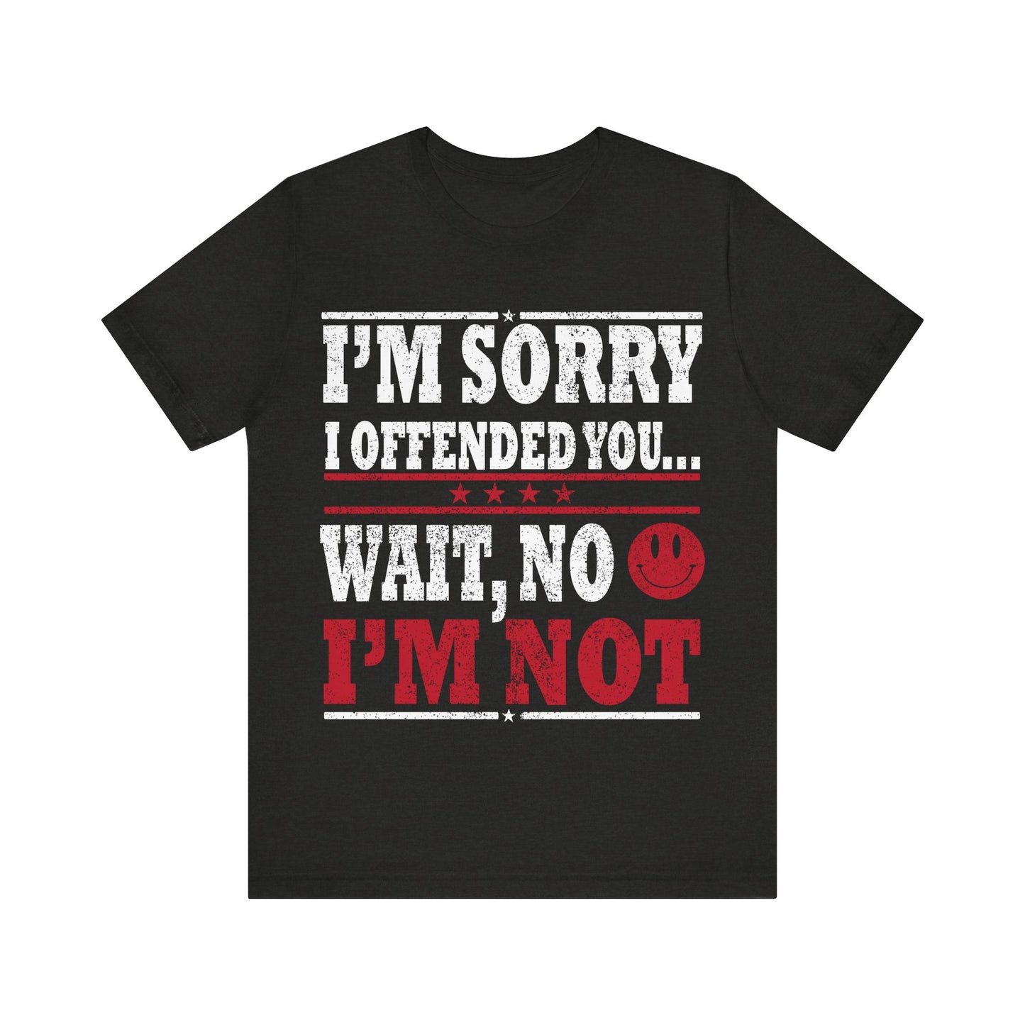 Black t-shirt with humorous text design on a white background