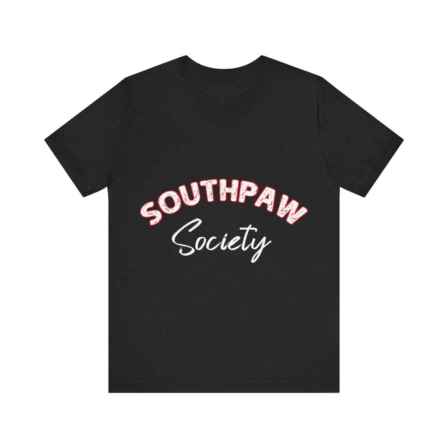 Black t-shirt with 'Southpaw Society' text on a white background